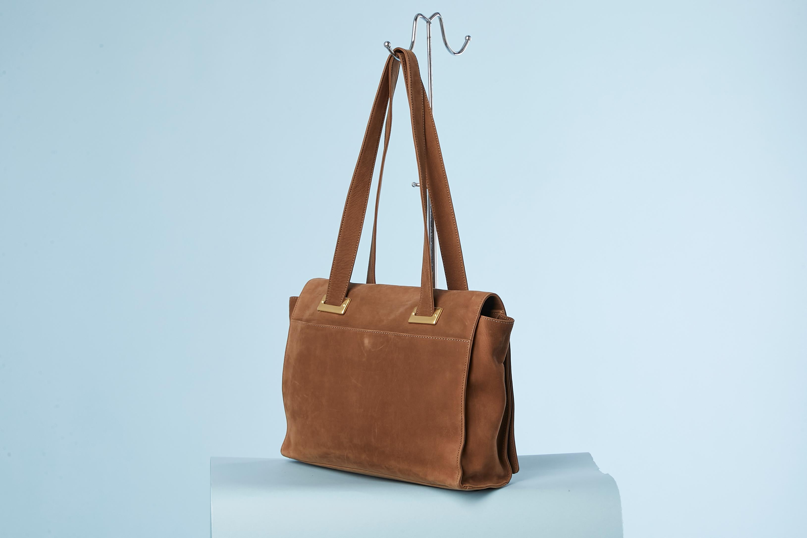 Women's or Men's Brown suede shoulder bag with flap and gold metal hardware Céline