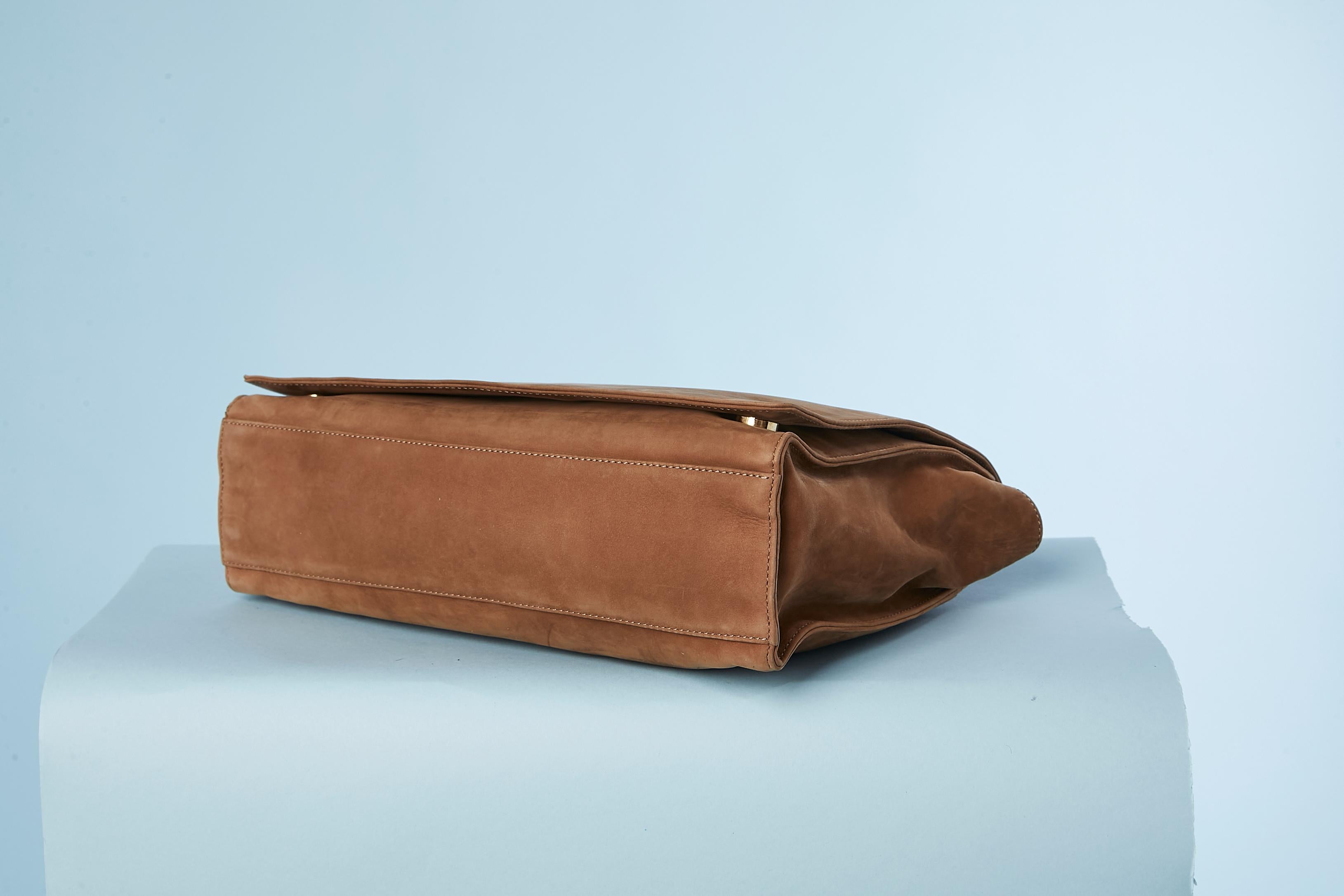 Brown suede shoulder bag with flap and gold metal hardware Céline 1