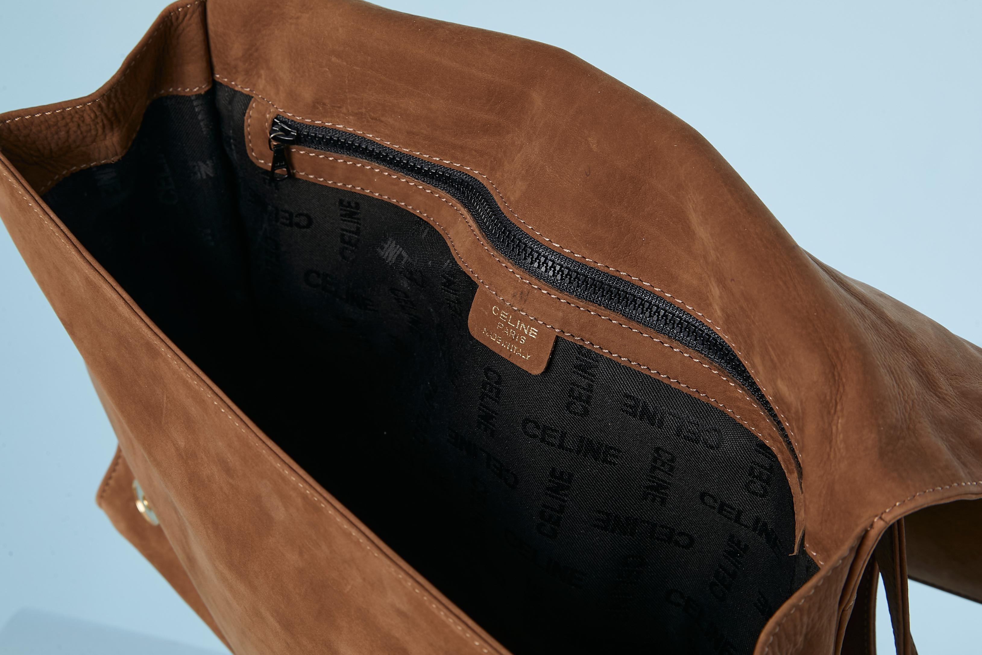 Brown suede shoulder bag with flap and gold metal hardware Céline 2