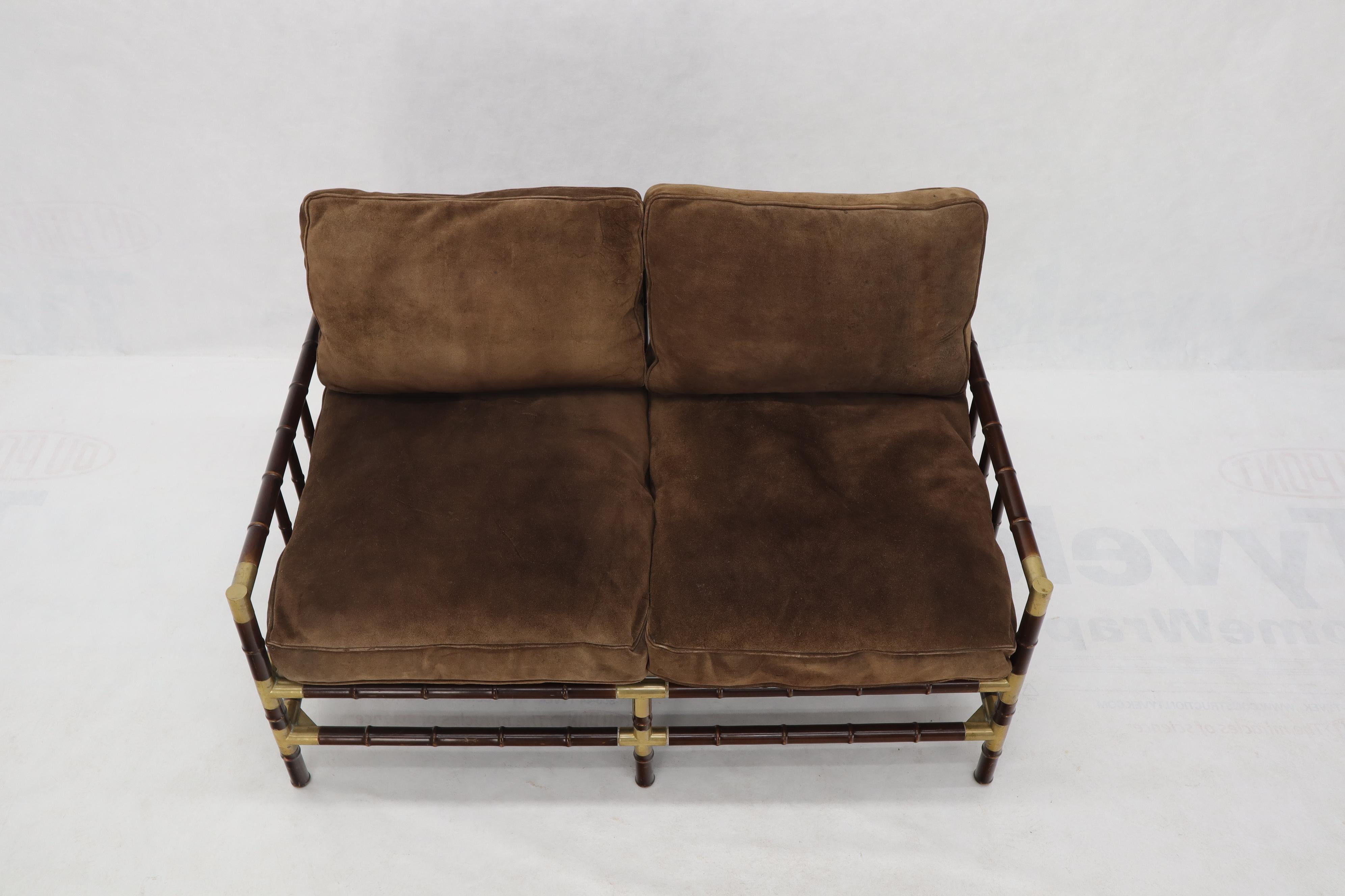 Brown Suede Upholstery Faux Bamboo Italian Mid-Century Modern Settee Loveseat For Sale 5