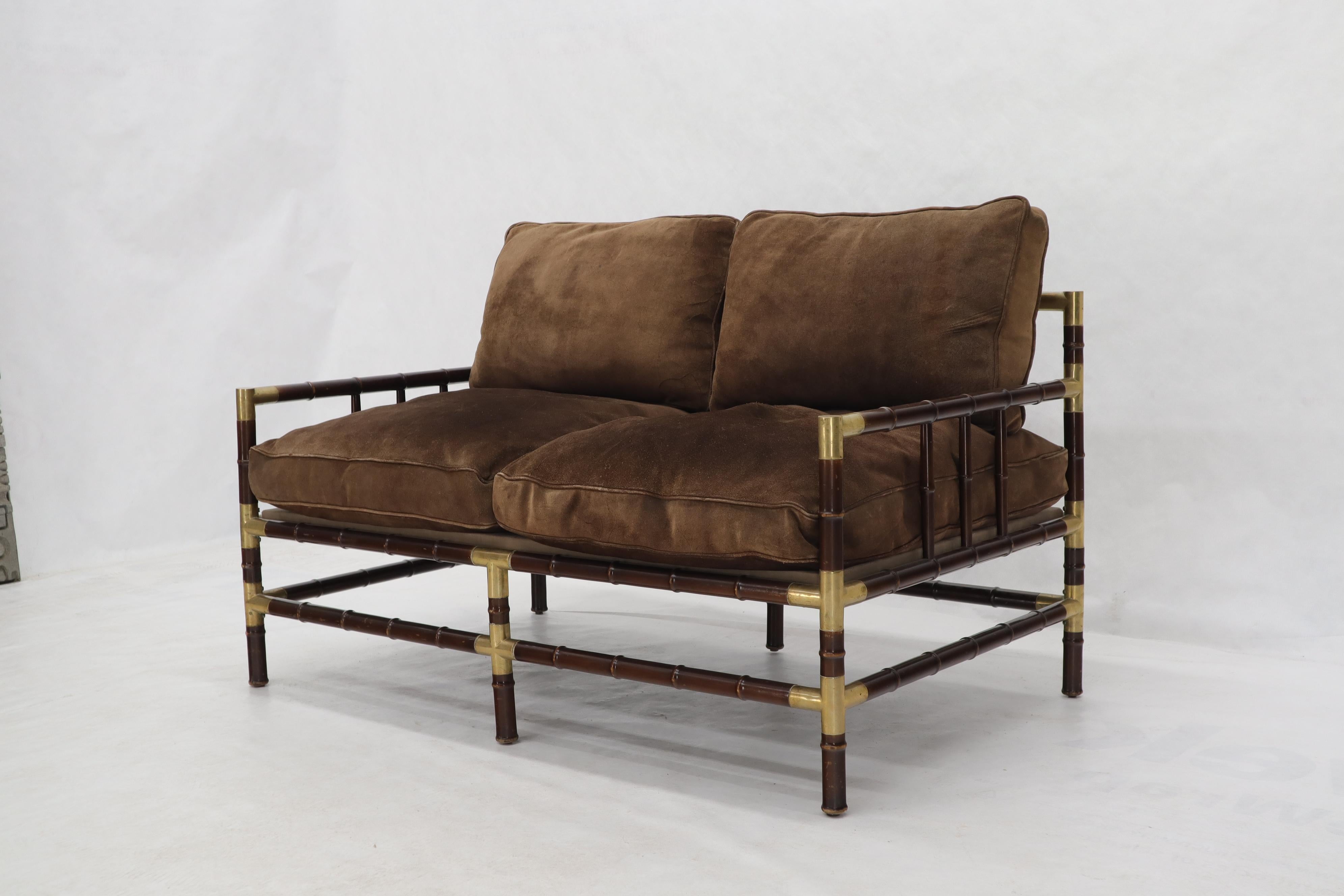 Brown Suede Upholstery Faux Bamboo Italian Mid-Century Modern Settee Loveseat In Good Condition For Sale In Rockaway, NJ