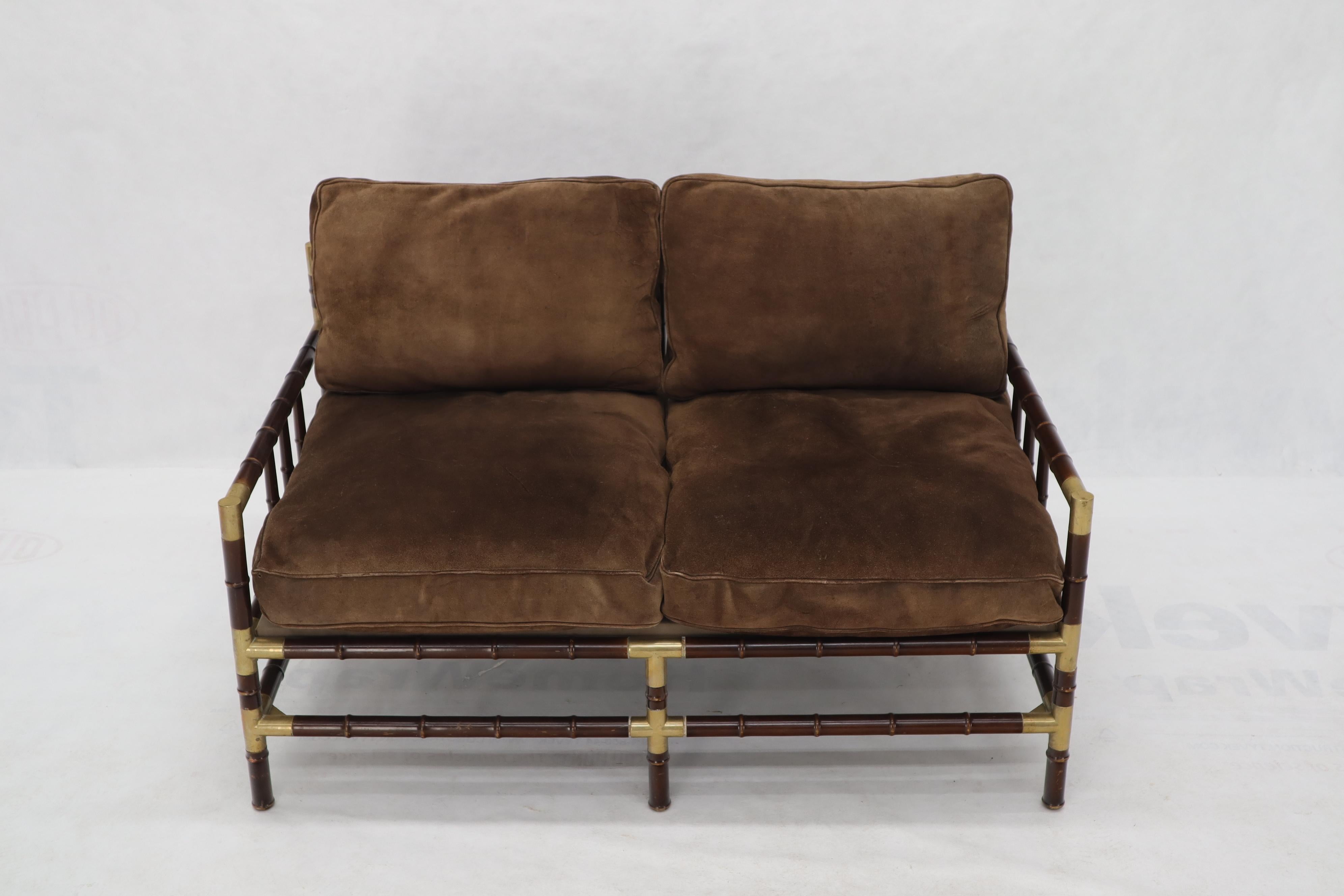 20th Century Brown Suede Upholstery Faux Bamboo Italian Mid-Century Modern Settee Loveseat For Sale