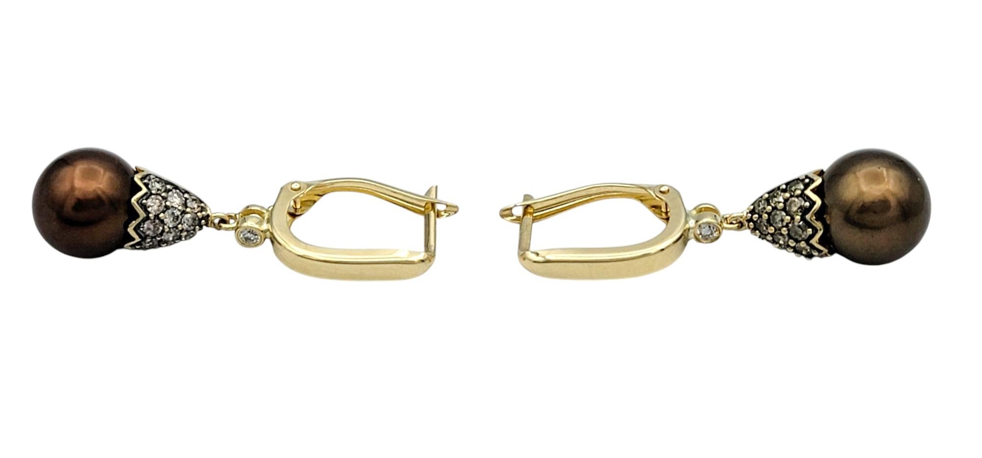 Contemporary Brown Tahitian Pearl and Pavé Diamond Drop Earrings in 14 Karat Yellow Gold For Sale