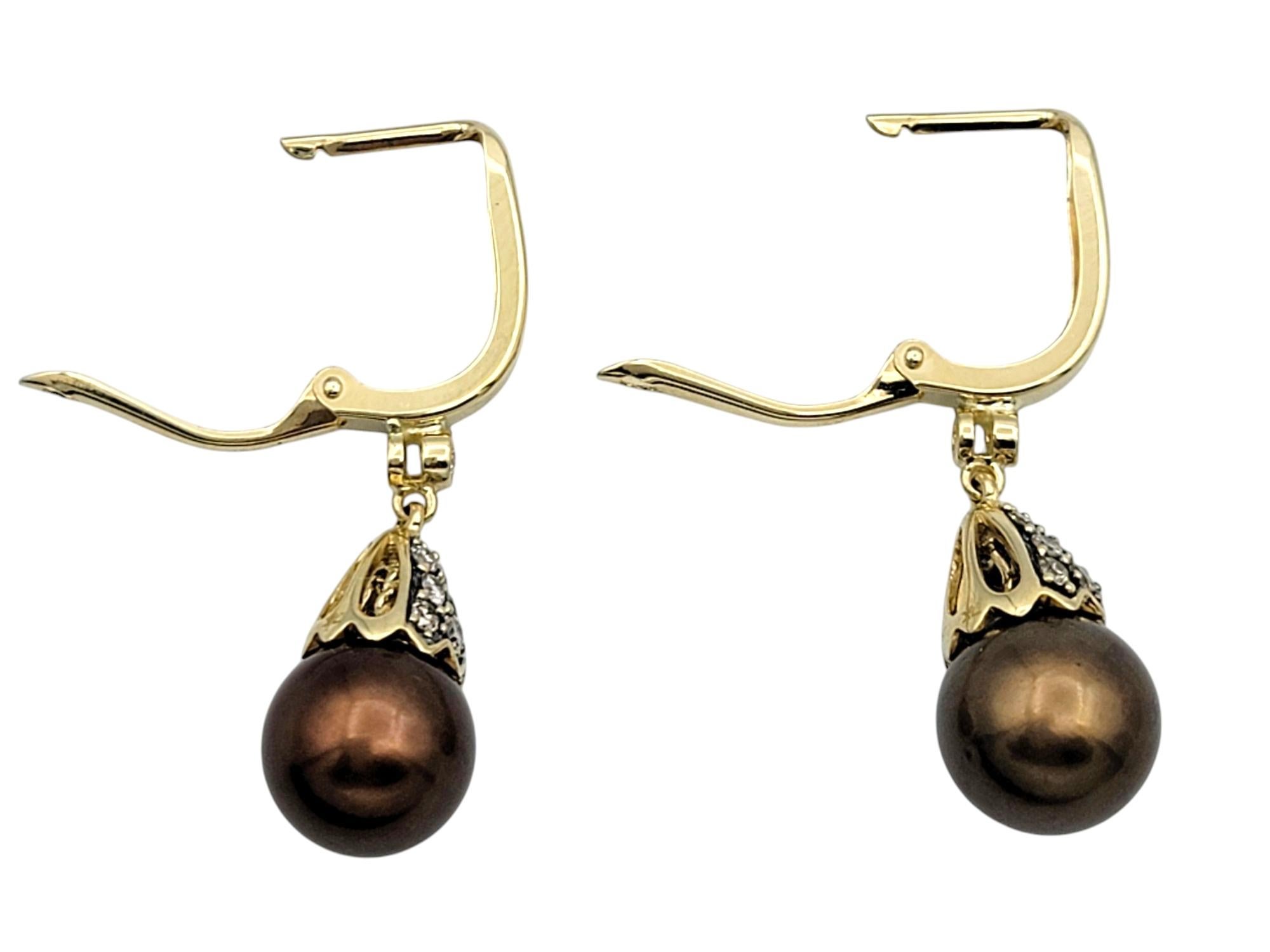 Round Cut Brown Tahitian Pearl and Pavé Diamond Drop Earrings in 14 Karat Yellow Gold For Sale