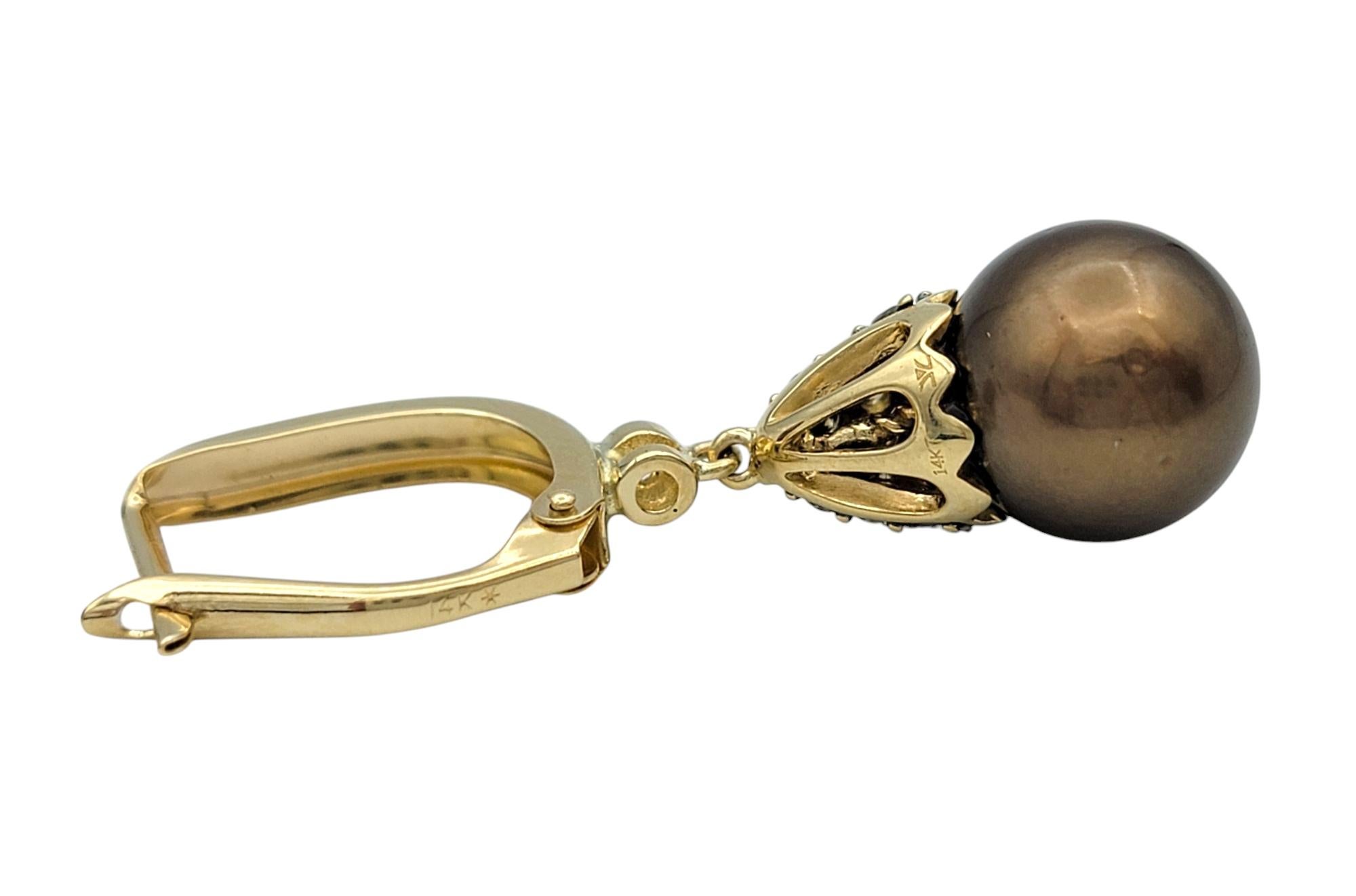Brown Tahitian Pearl and Pavé Diamond Drop Earrings in 14 Karat Yellow Gold In Good Condition For Sale In Scottsdale, AZ