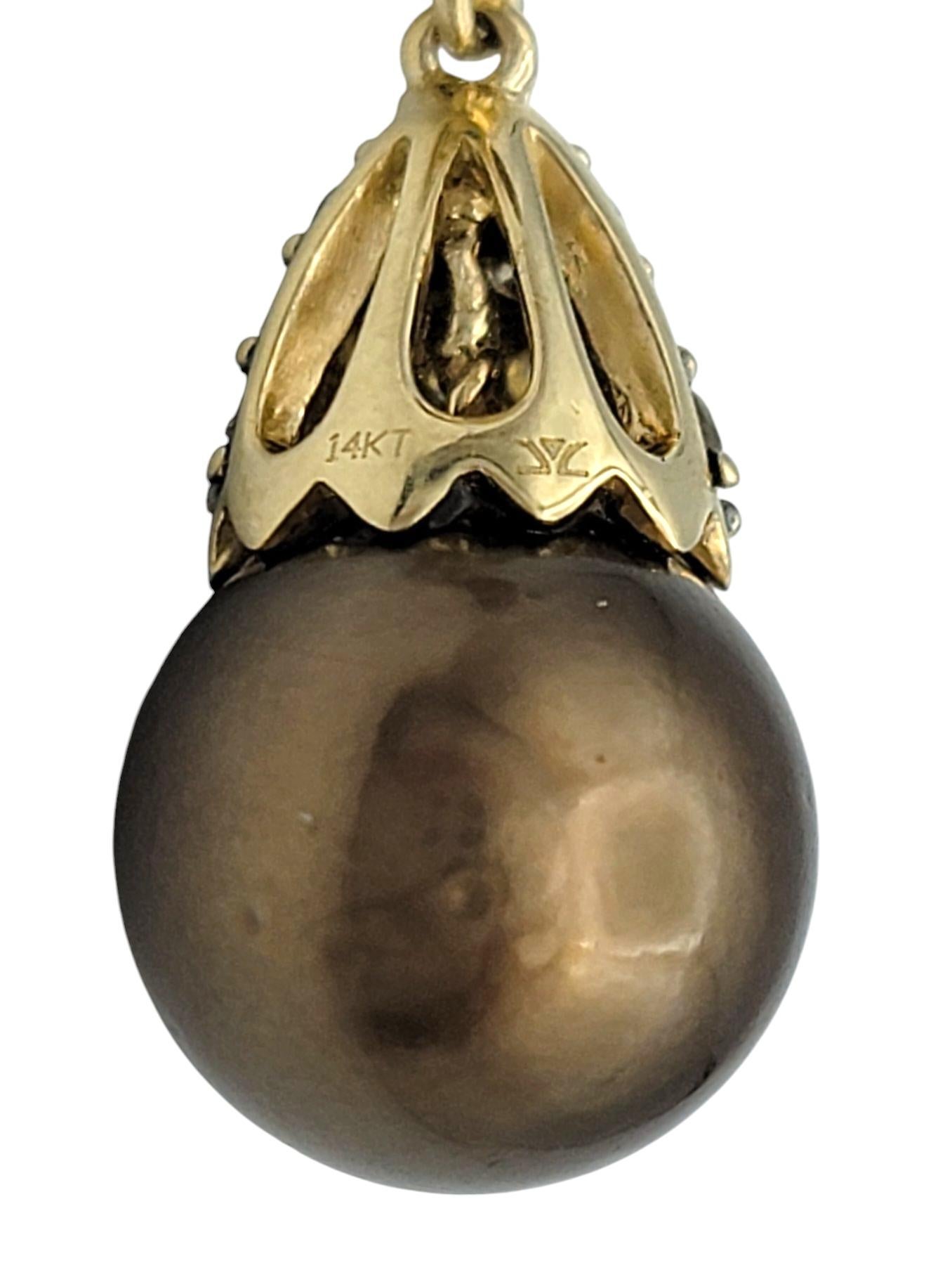 Women's Brown Tahitian Pearl and Pavé Diamond Drop Earrings in 14 Karat Yellow Gold For Sale