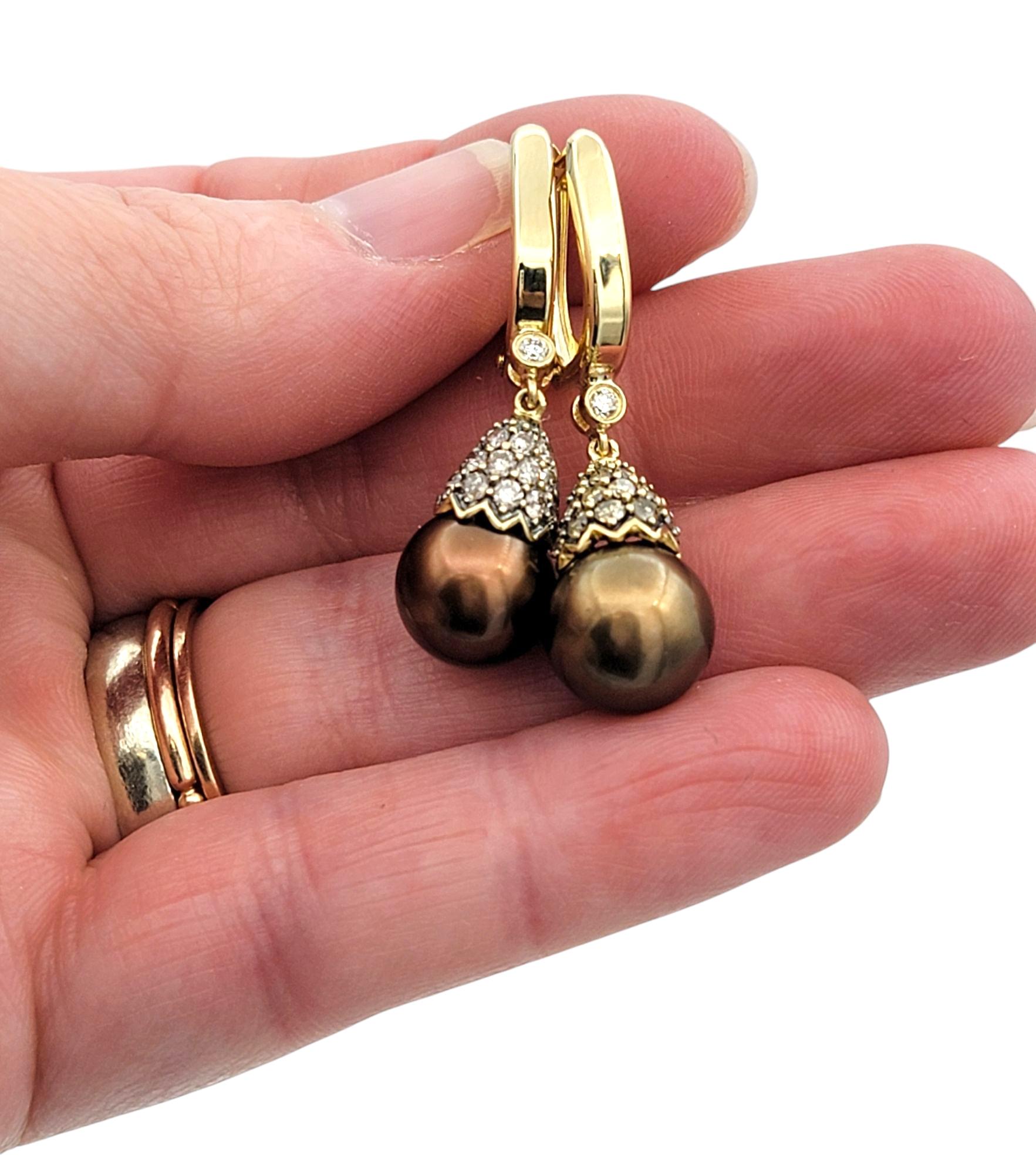 Brown Tahitian Pearl and Pavé Diamond Drop Earrings in 14 Karat Yellow Gold For Sale 1