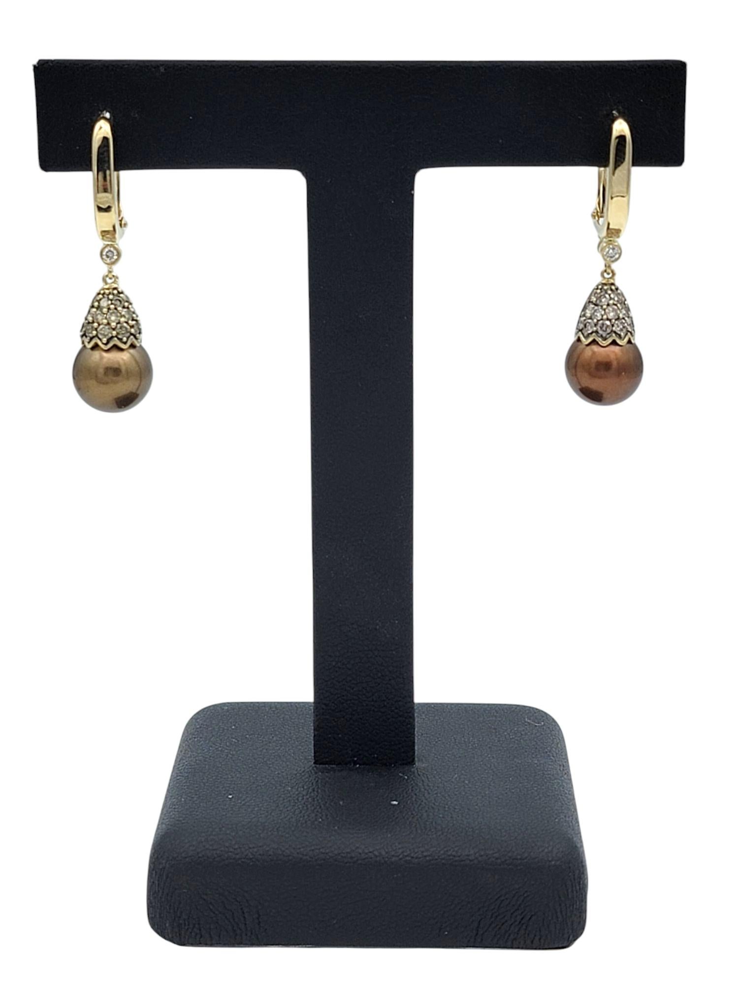 Brown Tahitian Pearl and Pavé Diamond Drop Earrings in 14 Karat Yellow Gold For Sale 2