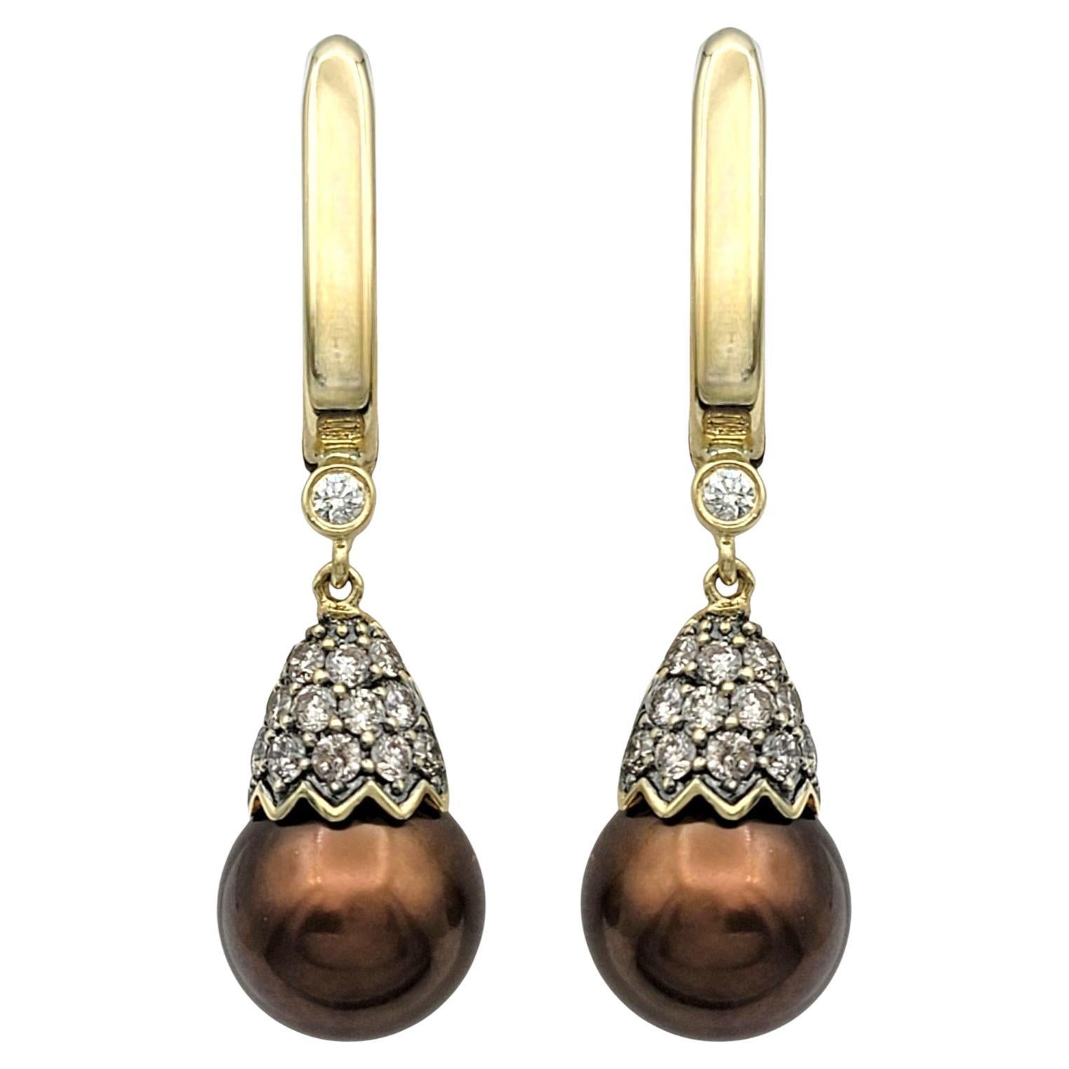 Brown Tahitian Pearl and Pavé Diamond Drop Earrings in 14 Karat Yellow Gold For Sale