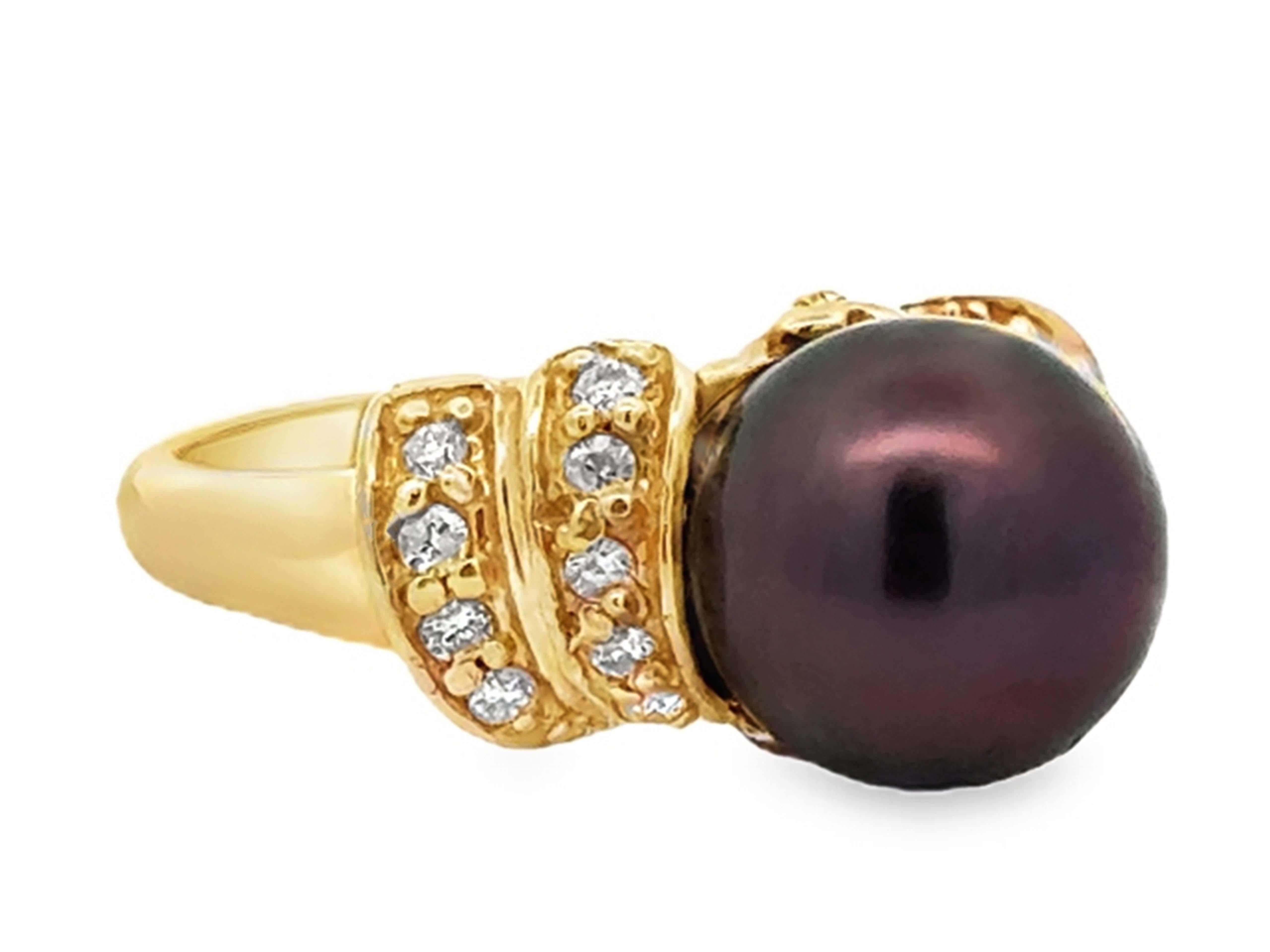 Modern Brown Tahitian Pearl Peacock Hues Diamond Ring 14K Yellow Gold For Sale
