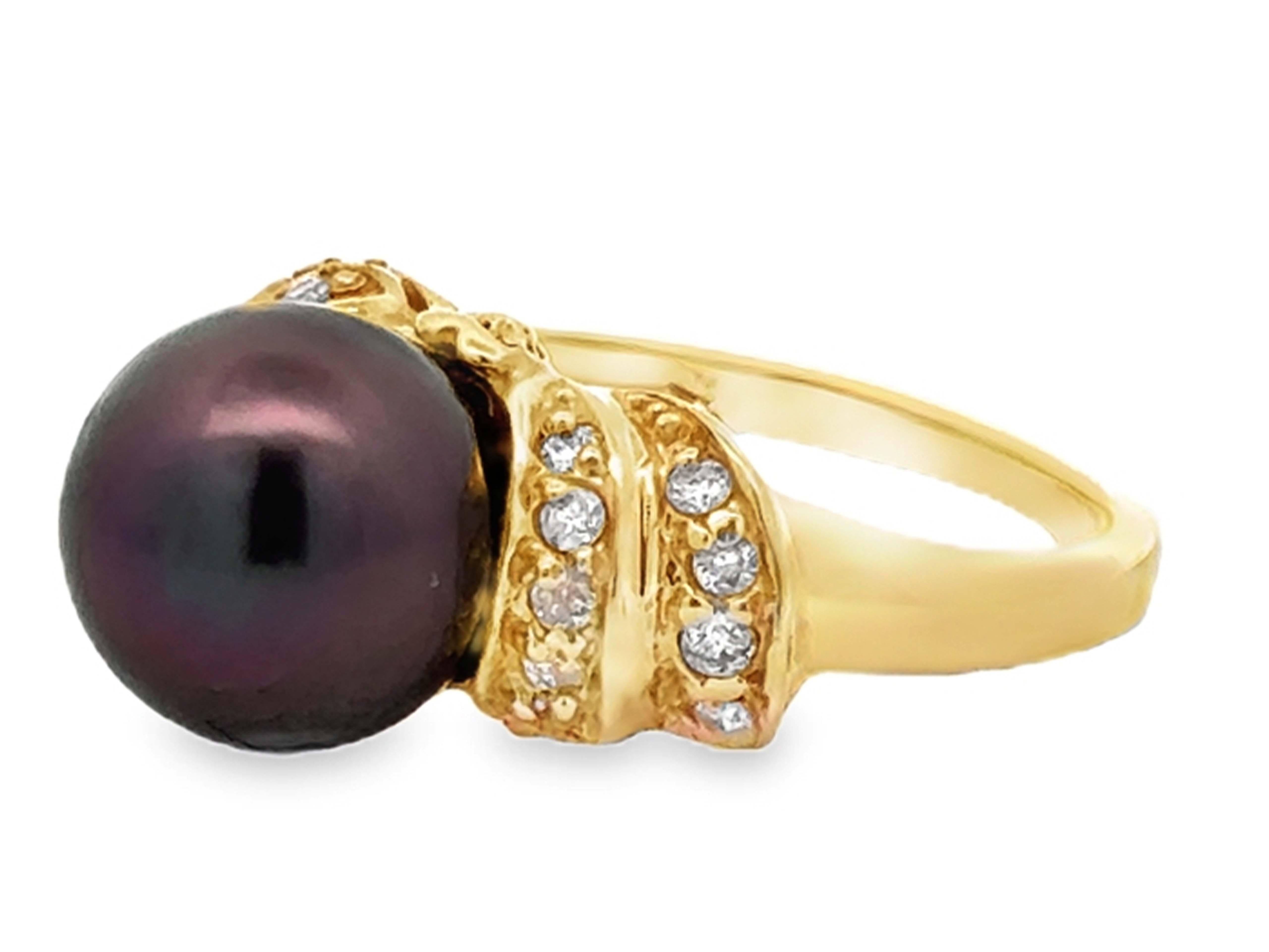 Round Cut Brown Tahitian Pearl Peacock Hues Diamond Ring 14K Yellow Gold For Sale