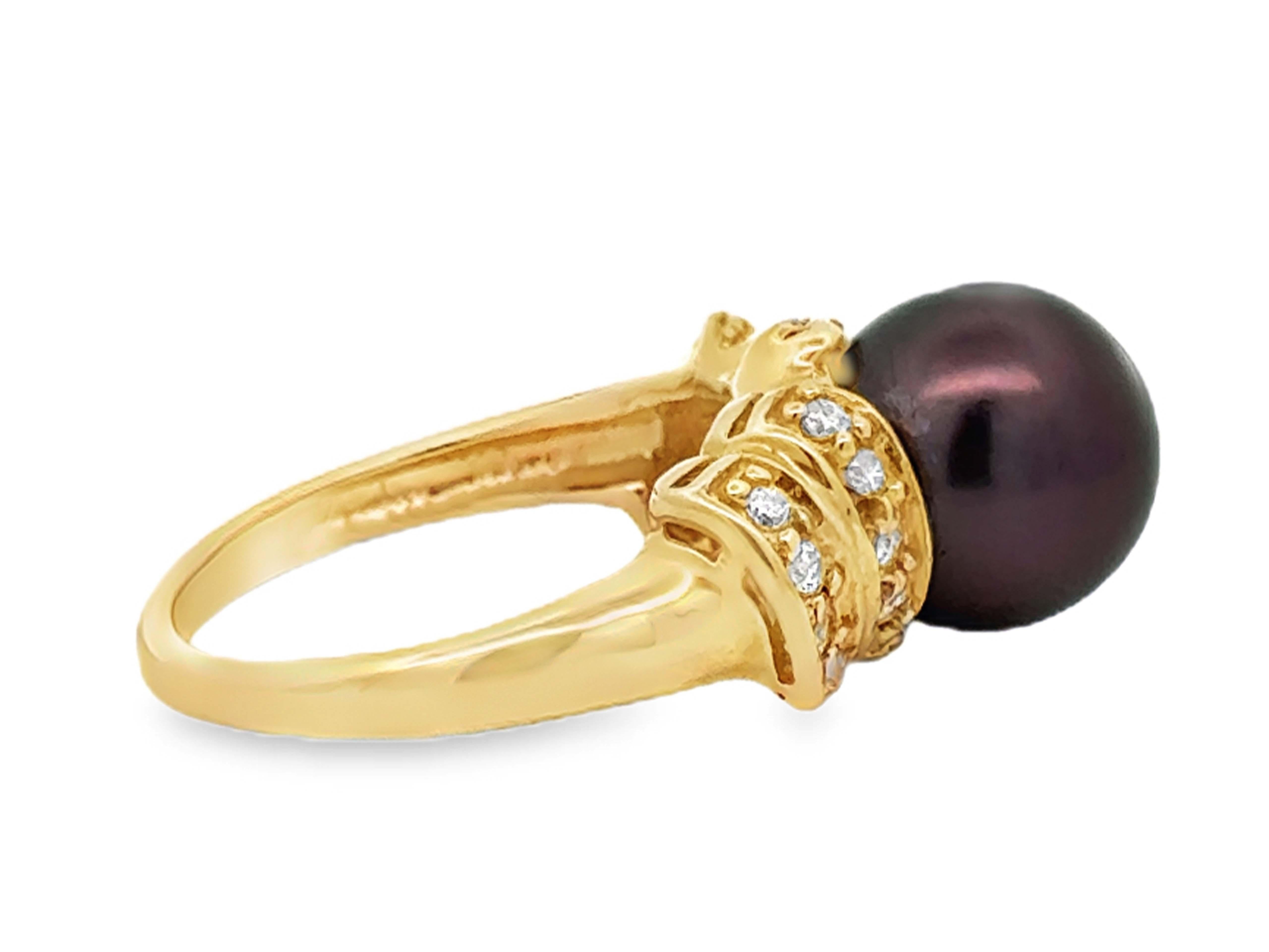 Brown Tahitian Pearl Peacock Hues Diamond Ring 14K Yellow Gold In Excellent Condition For Sale In Honolulu, HI