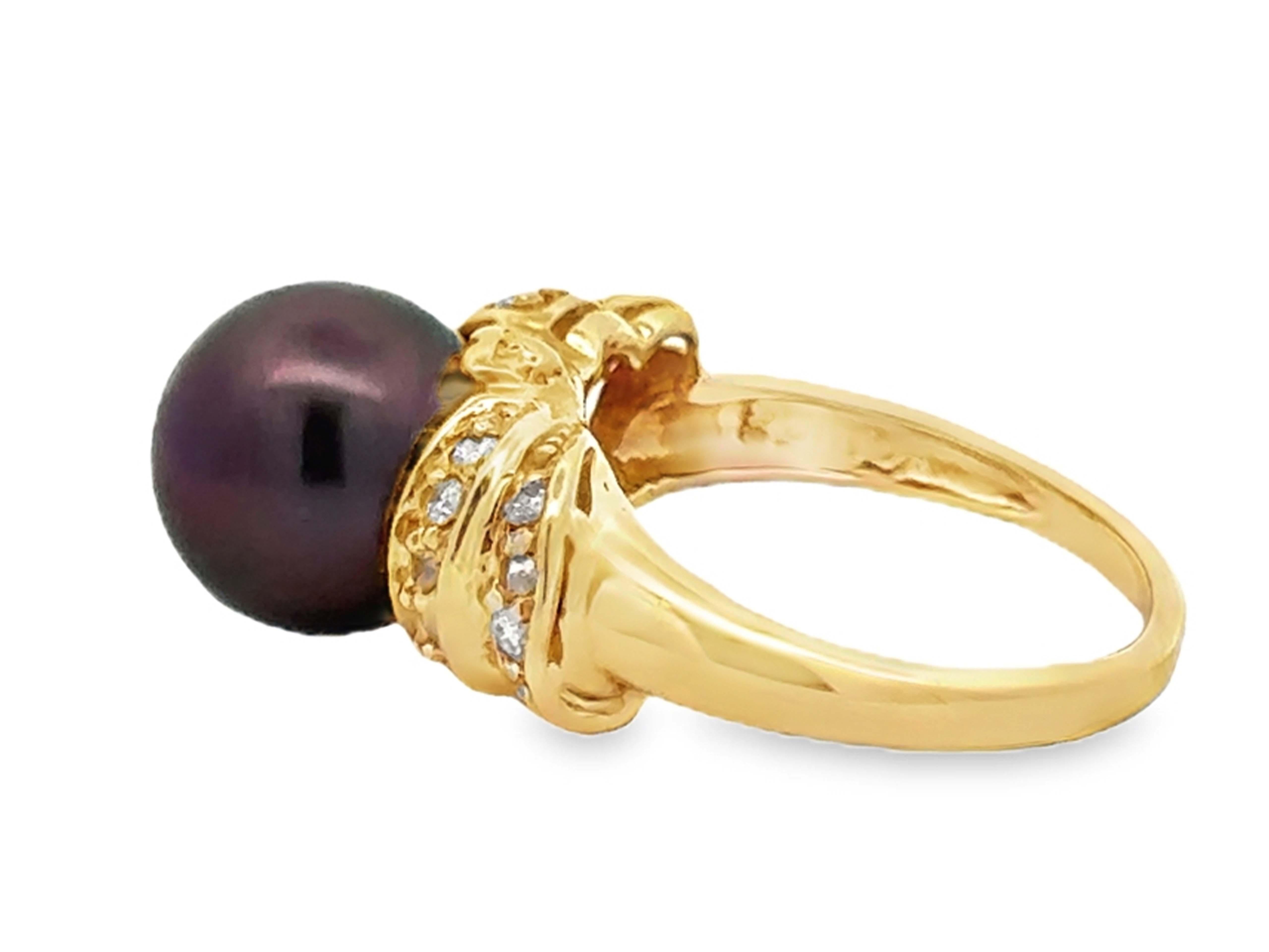 Women's Brown Tahitian Pearl Peacock Hues Diamond Ring 14K Yellow Gold For Sale