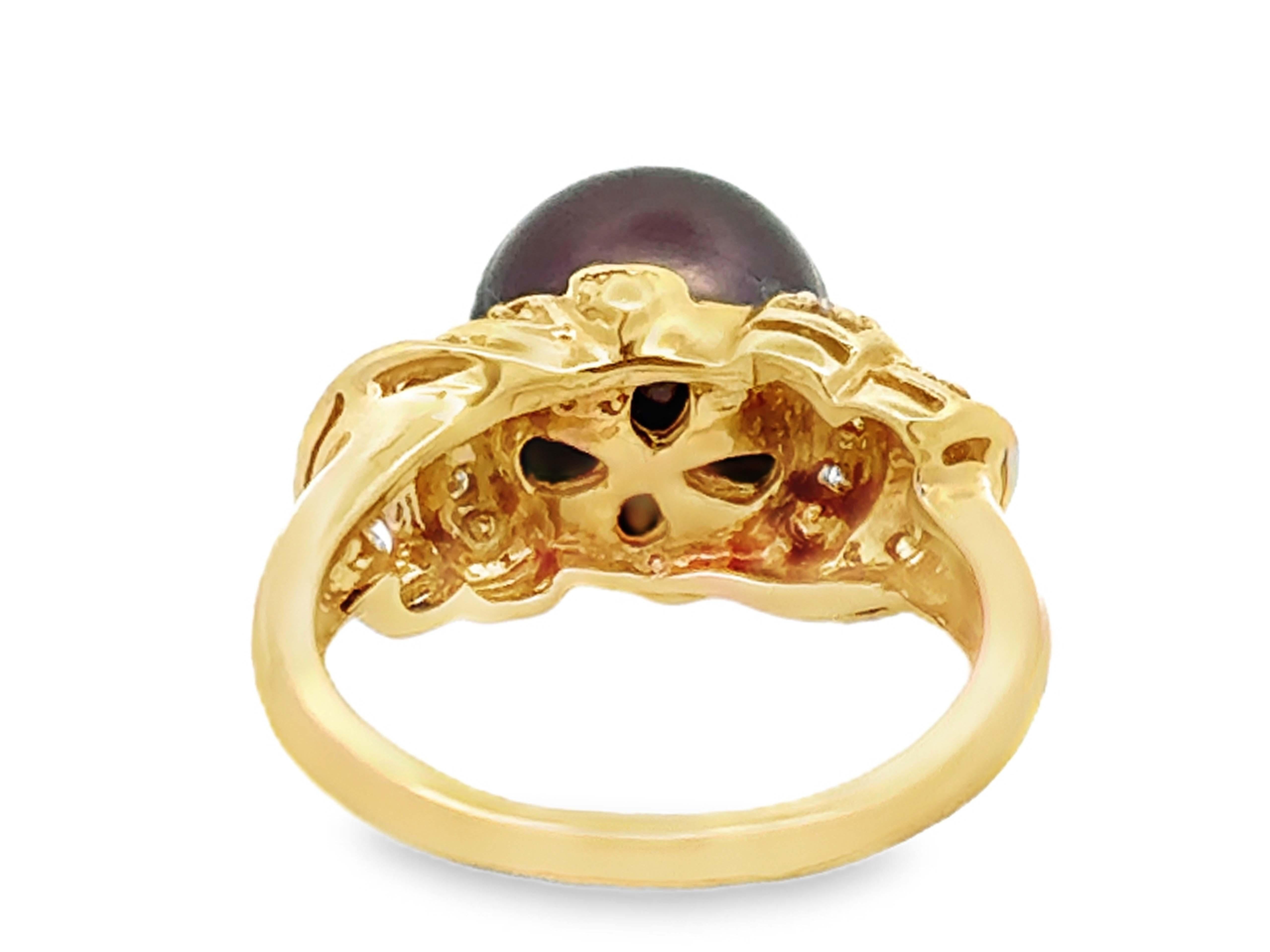Brown Tahitian Pearl Peacock Hues Diamond Ring 14K Yellow Gold For Sale 1