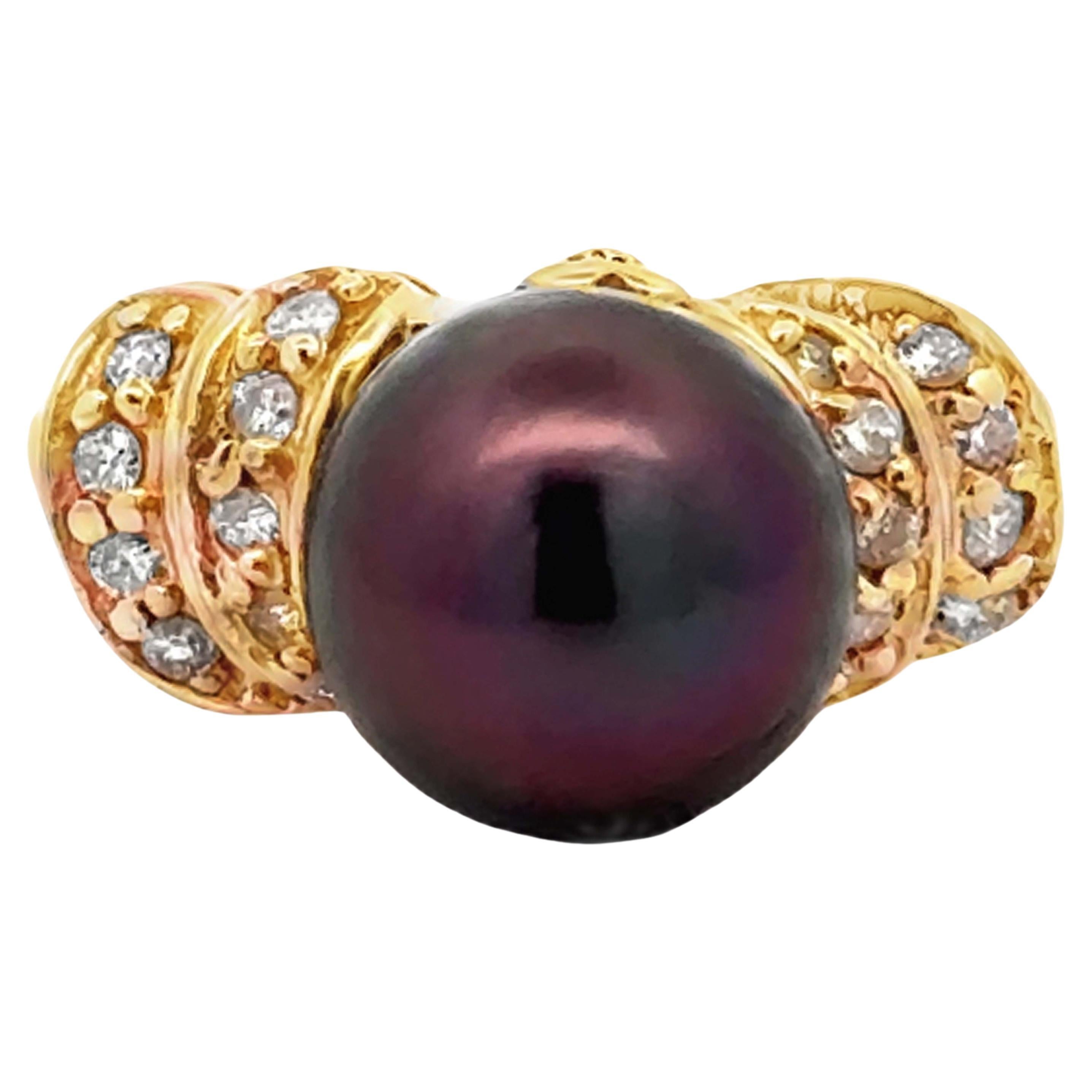 Brown Tahitian Pearl Peacock Hues Diamond Ring 14K Yellow Gold For Sale