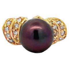 Brown Tahitian Pearl Peacock Hues Diamond Ring 14K Yellow Gold