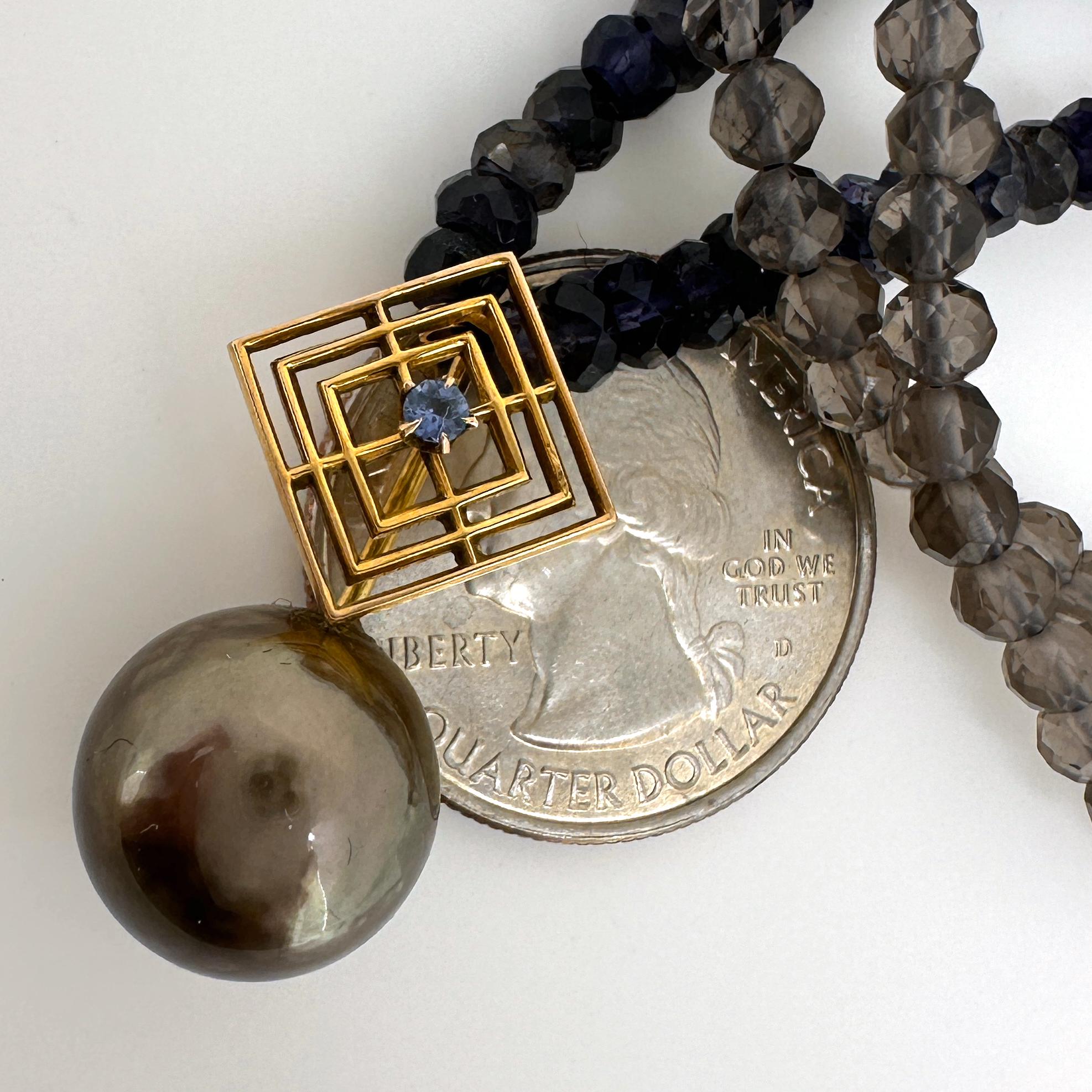 Brown Tahitian Pearl with 14k Gold & Sapphire Bale on Iolite & Quartz Necklace For Sale 6