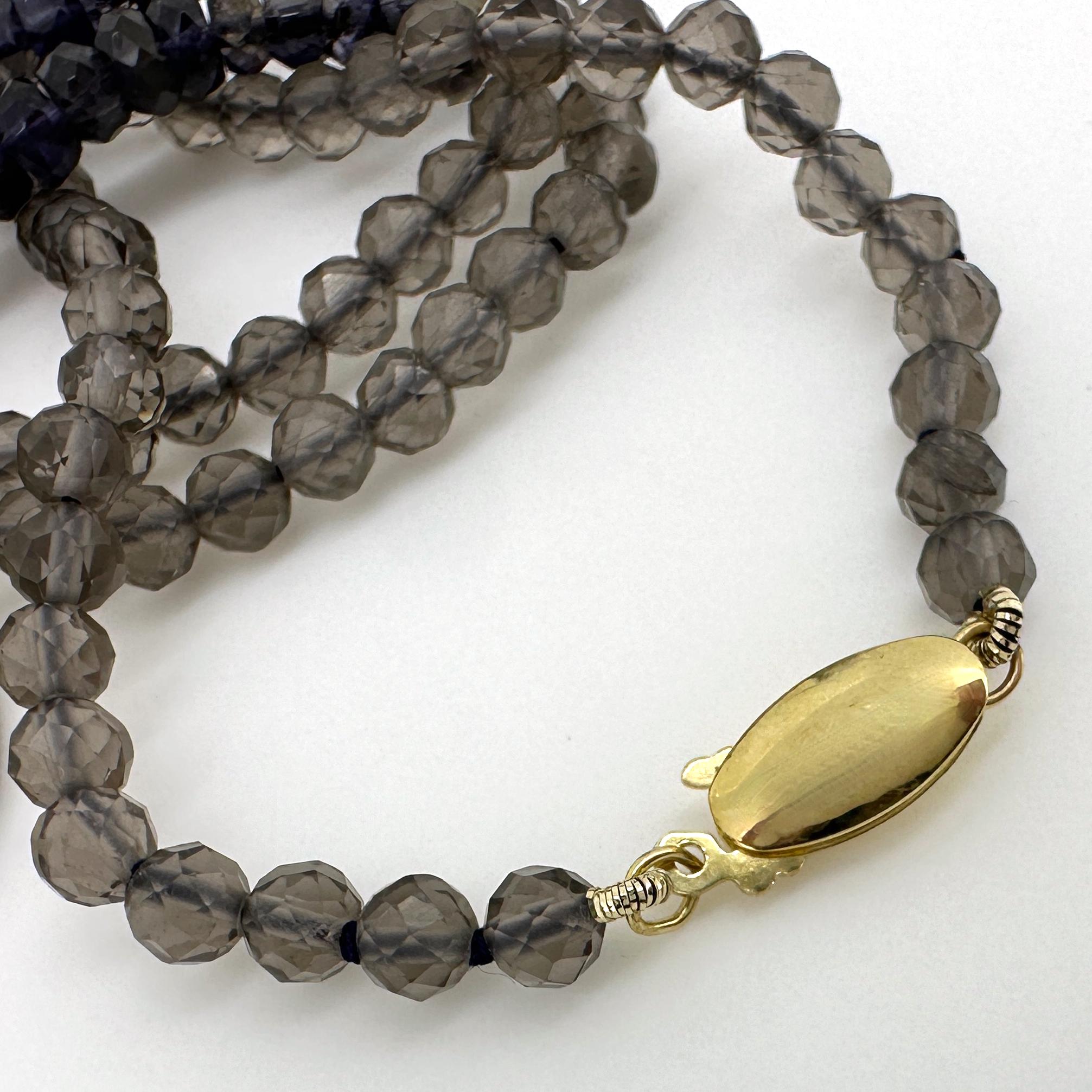 Brown Tahitian Pearl with 14k Gold & Sapphire Bale on Iolite & Quartz Necklace For Sale 7