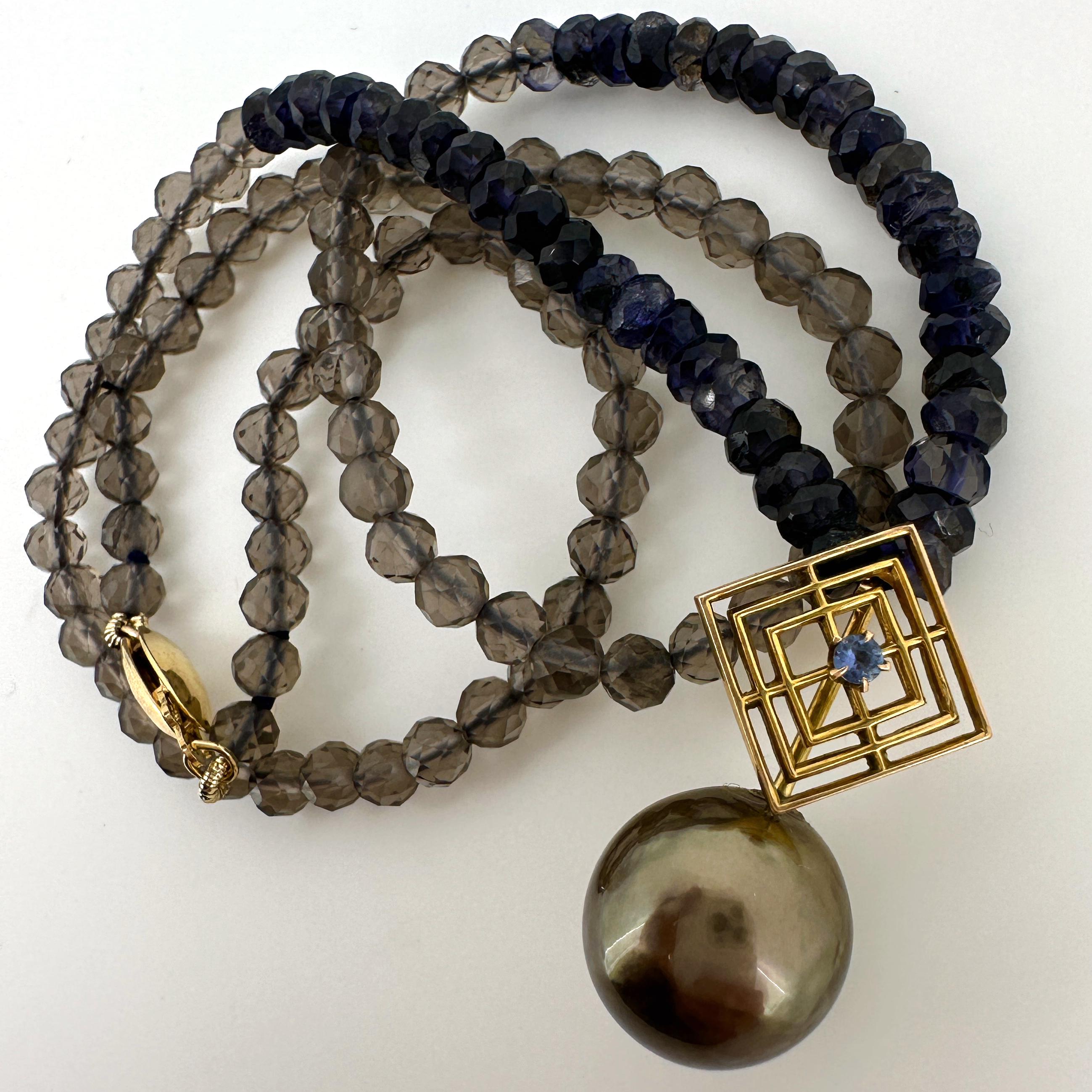 Contemporary Brown Tahitian Pearl with 14k Gold & Sapphire Bale on Iolite & Quartz Necklace For Sale
