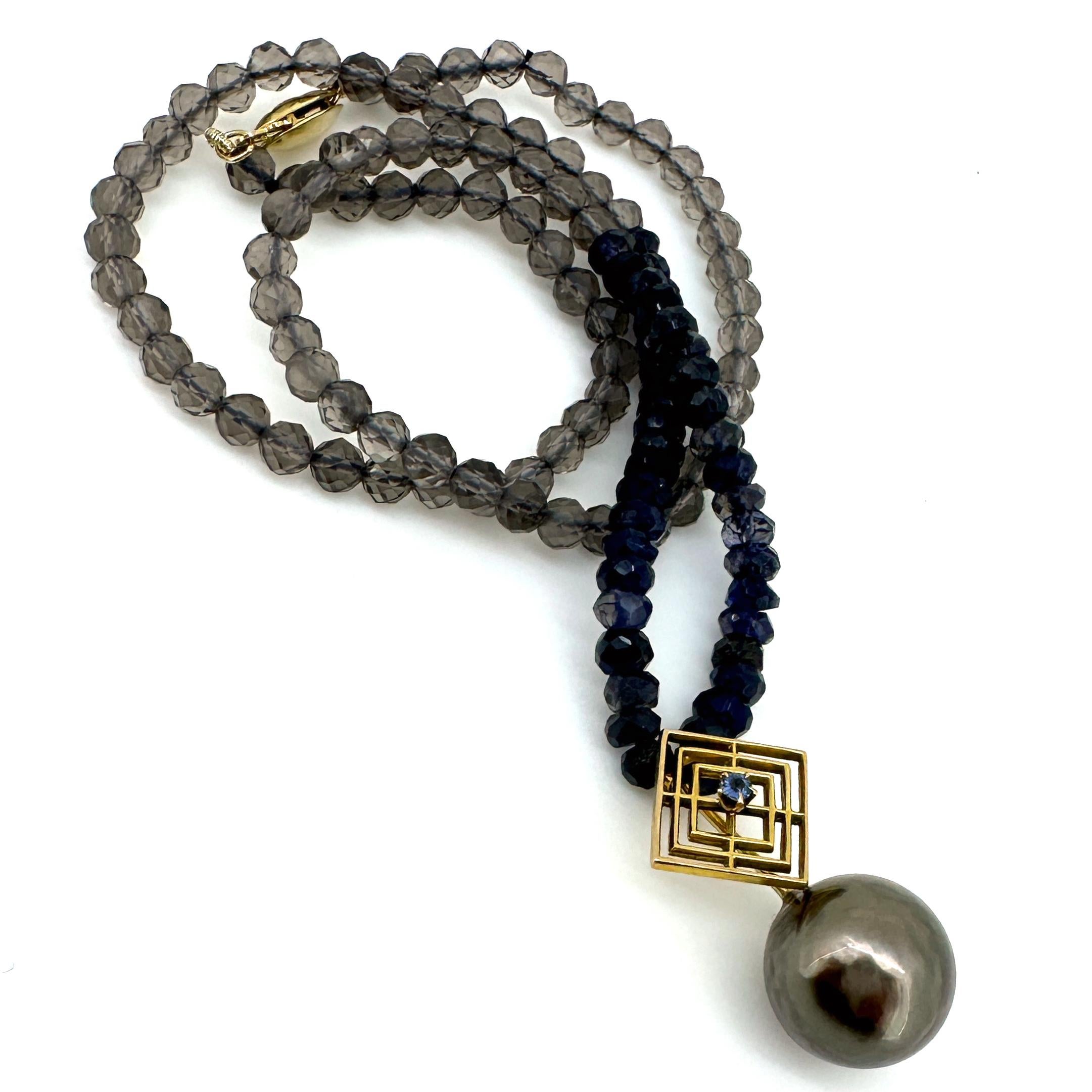 Round Cut Brown Tahitian Pearl with 14k Gold & Sapphire Bale on Iolite & Quartz Necklace For Sale