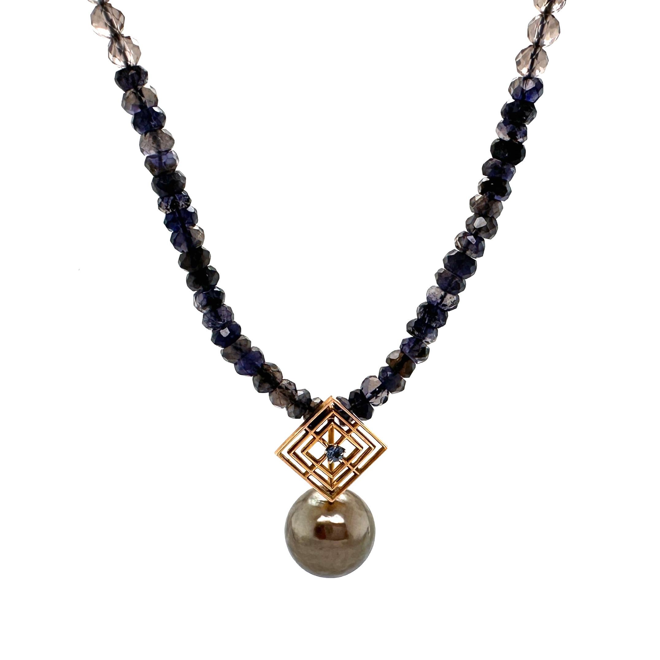 Brown Tahitian Pearl with 14k Gold & Sapphire Bale on Iolite & Quartz Necklace In Excellent Condition For Sale In Sherman Oaks, CA