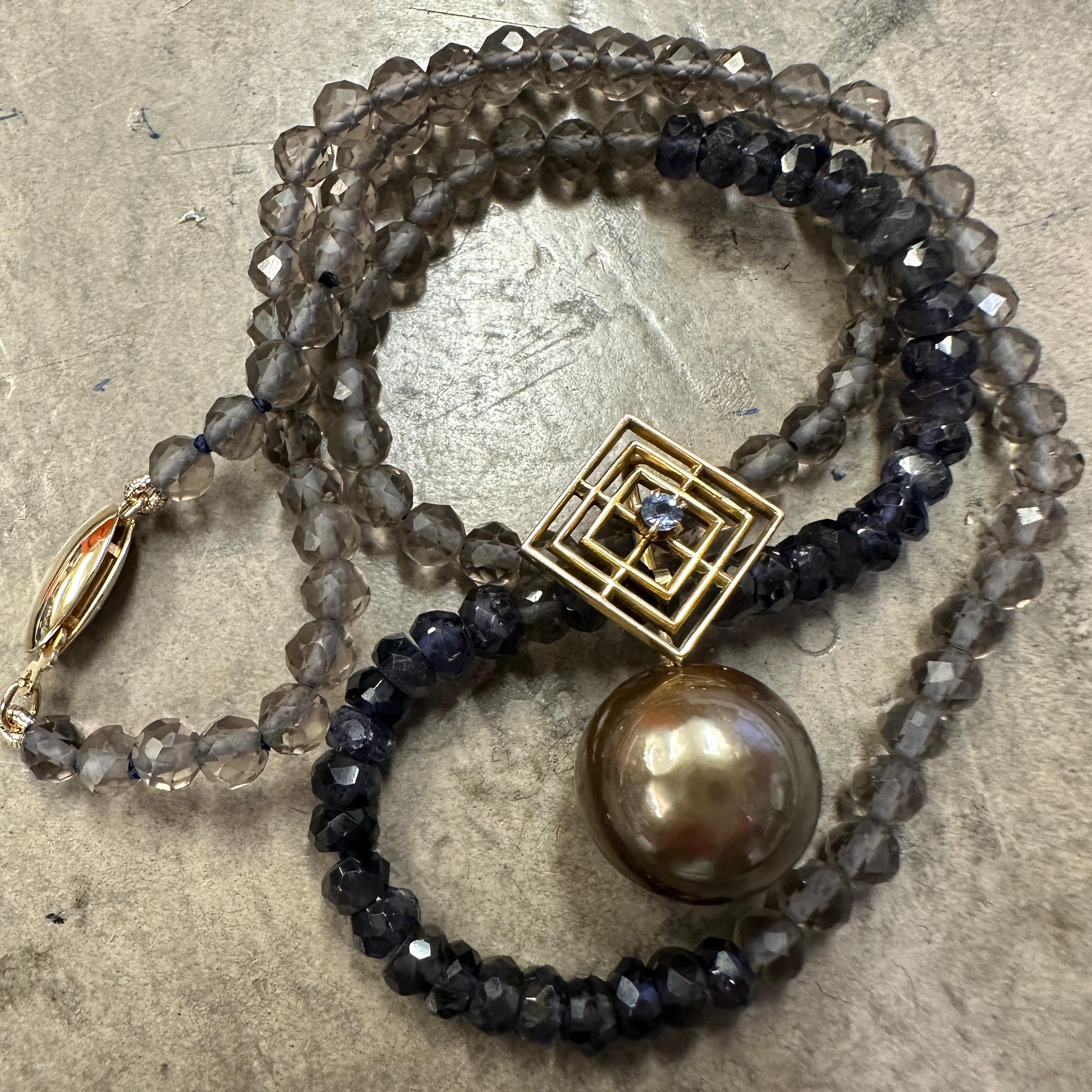 Women's or Men's Brown Tahitian Pearl with 14k Gold & Sapphire Bale on Iolite & Quartz Necklace For Sale