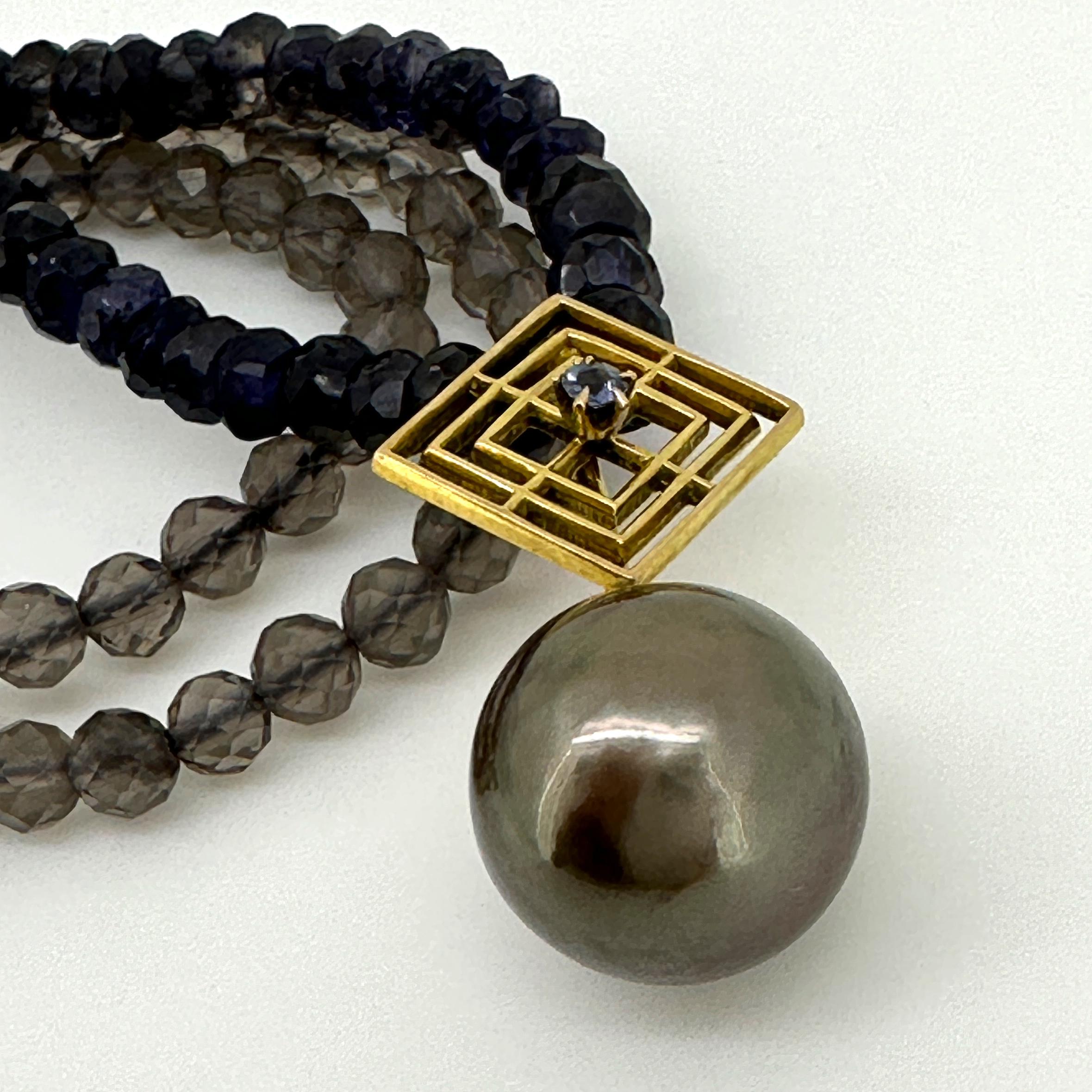 Brown Tahitian Pearl with 14k Gold & Sapphire Bale on Iolite & Quartz Necklace For Sale 1