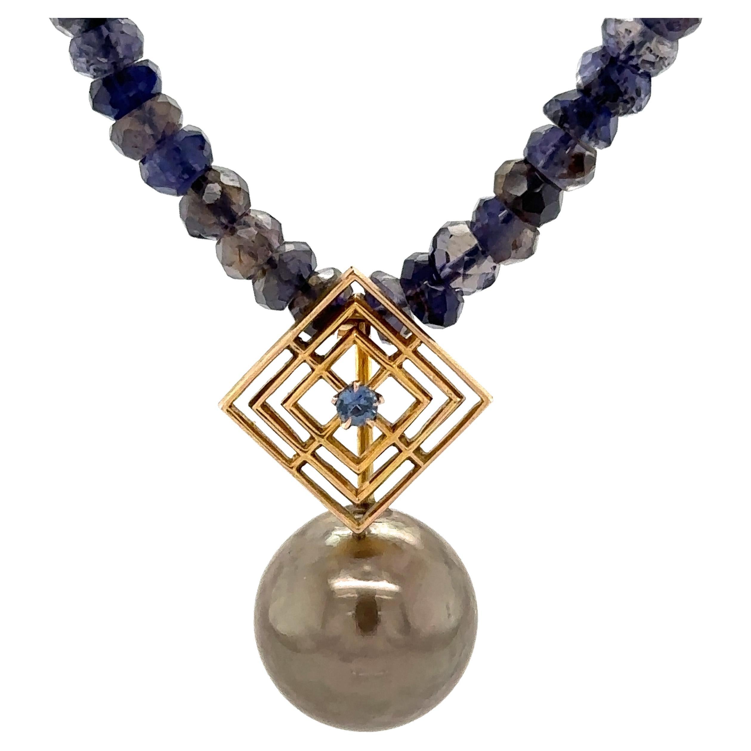 Brown Tahitian Pearl with 14k Gold & Sapphire Bale on Iolite & Quartz Necklace For Sale