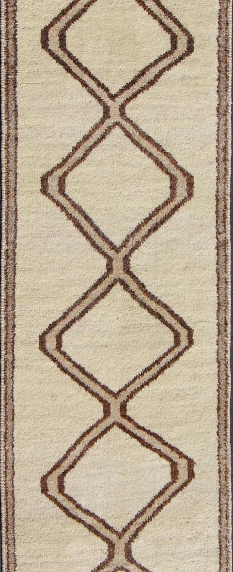 Hand-Knotted Brown, Tan and Cream Vintage Turkish Tulu Runner with Minimal, Modern Design
