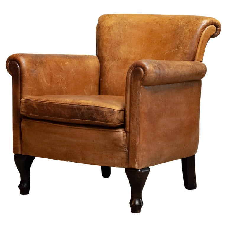 1960s Brown / Tan French Art Deco 'Sheep' Leather Roll Back Lounge