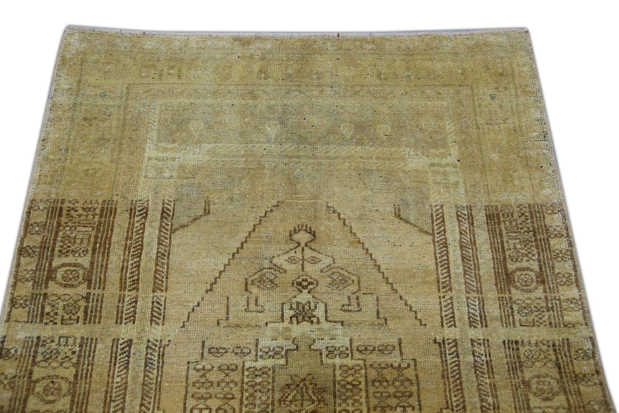 Brown & Tan Handwoven Wool Vintage Turkish Oushak Rug 3'6