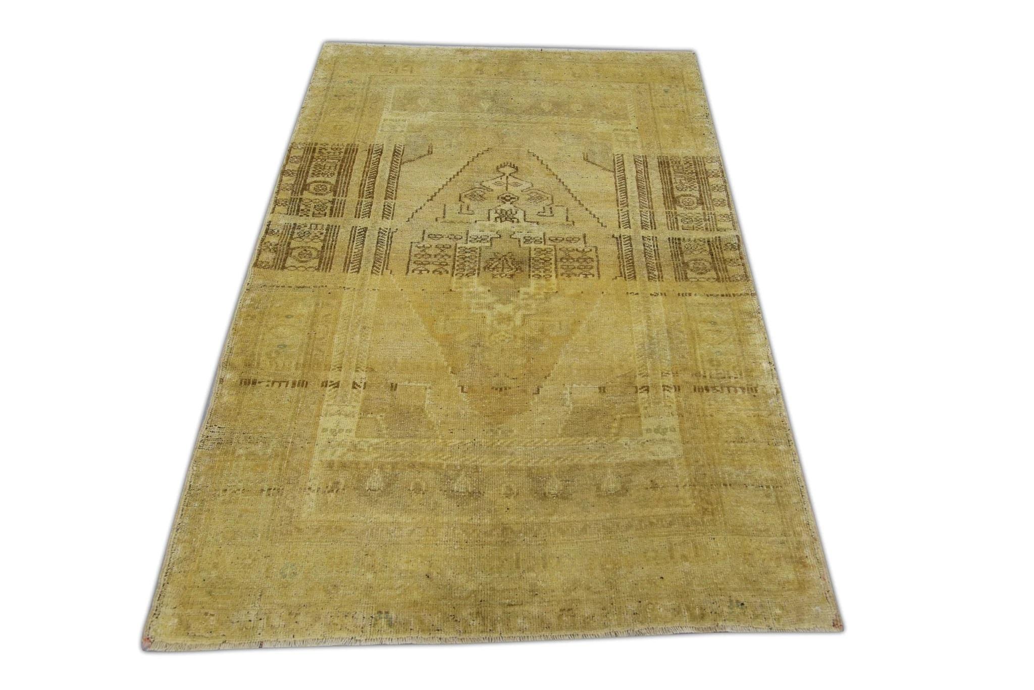 Tapis Oushak turc vintage en laine tissée à la main Brown & Tan 3'6