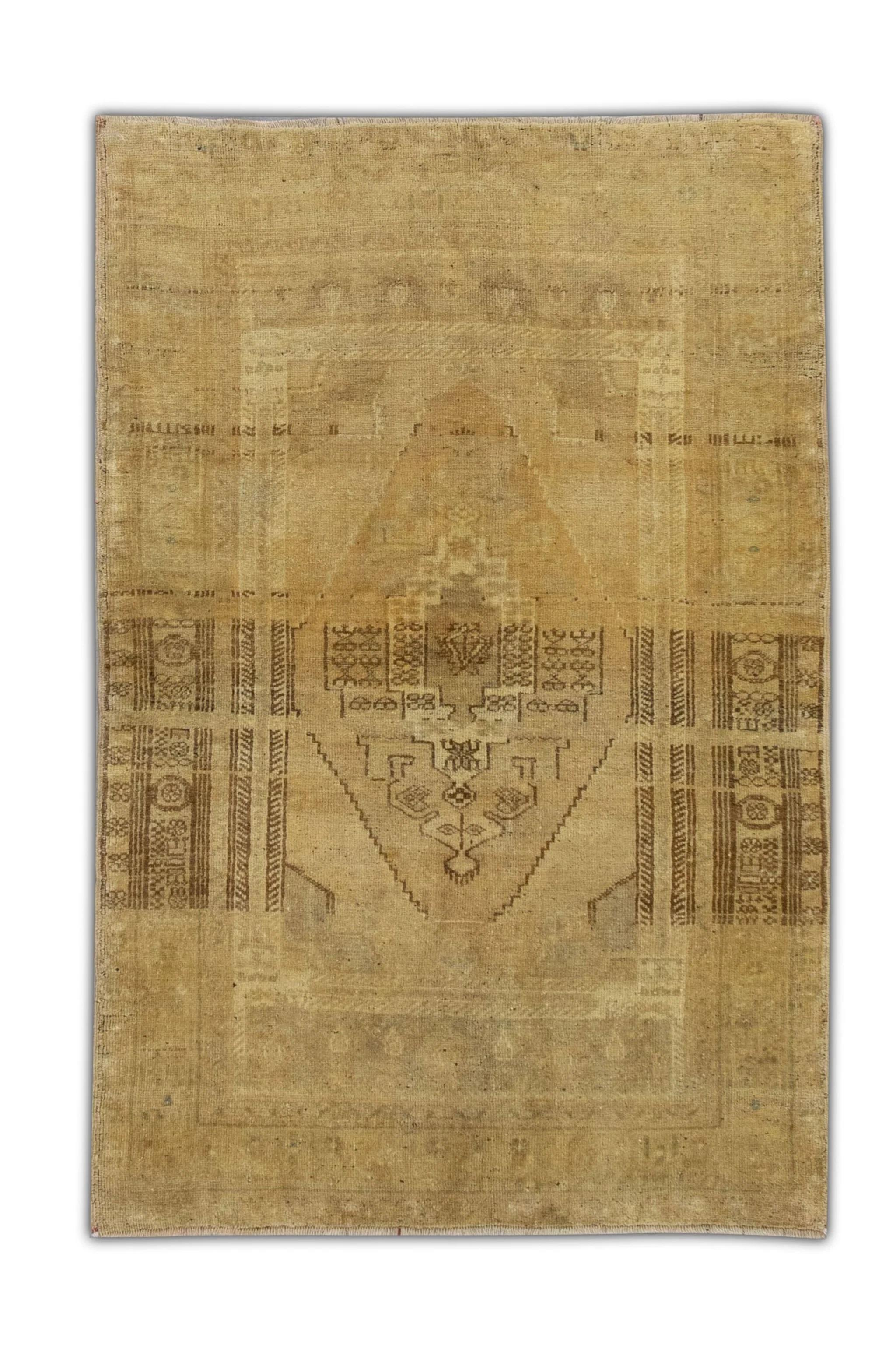 Tapis Oushak turc vintage en laine tissée à la main Brown & Tan 3'6