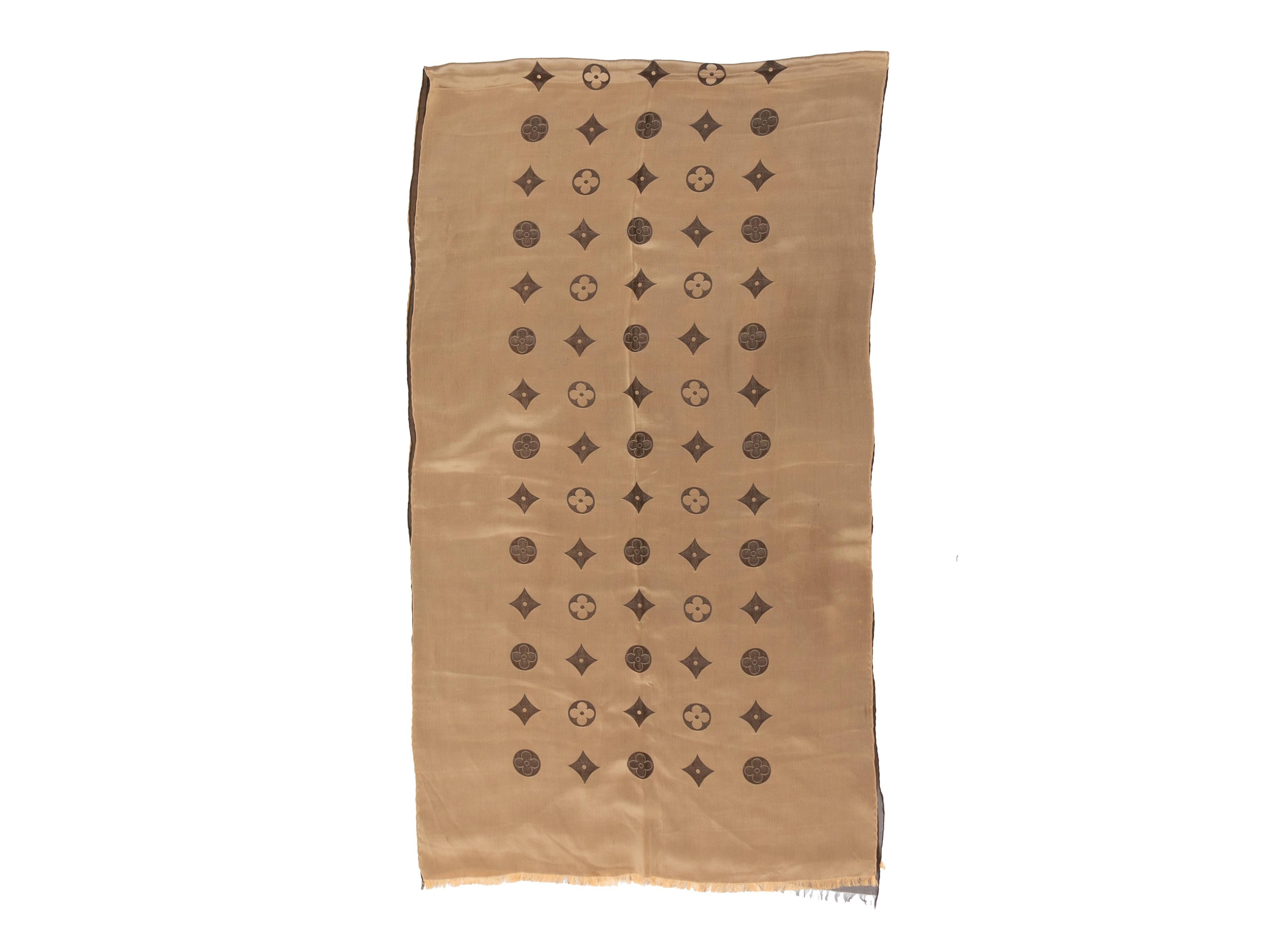 Brown and tan printed silk chiffon scarf by Louis Vuitton. 18.5