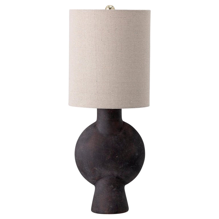Brown Terracotta Molded and Iron Cast Table Lamp with Linen Lampshade For Sale