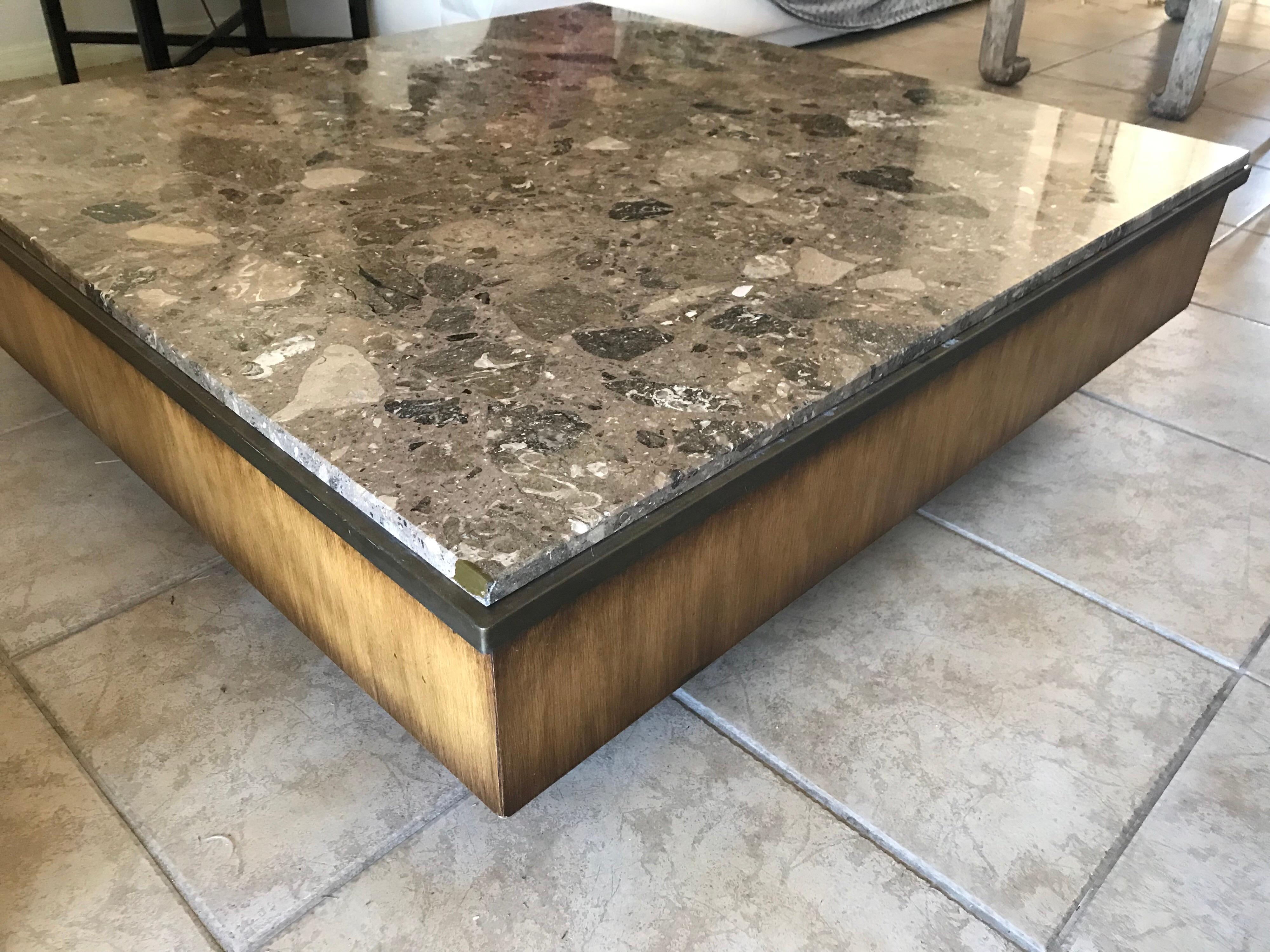 Hand-Crafted Brown Terrazzo Marble, Bronze and Wood Modern Square Coffee Table