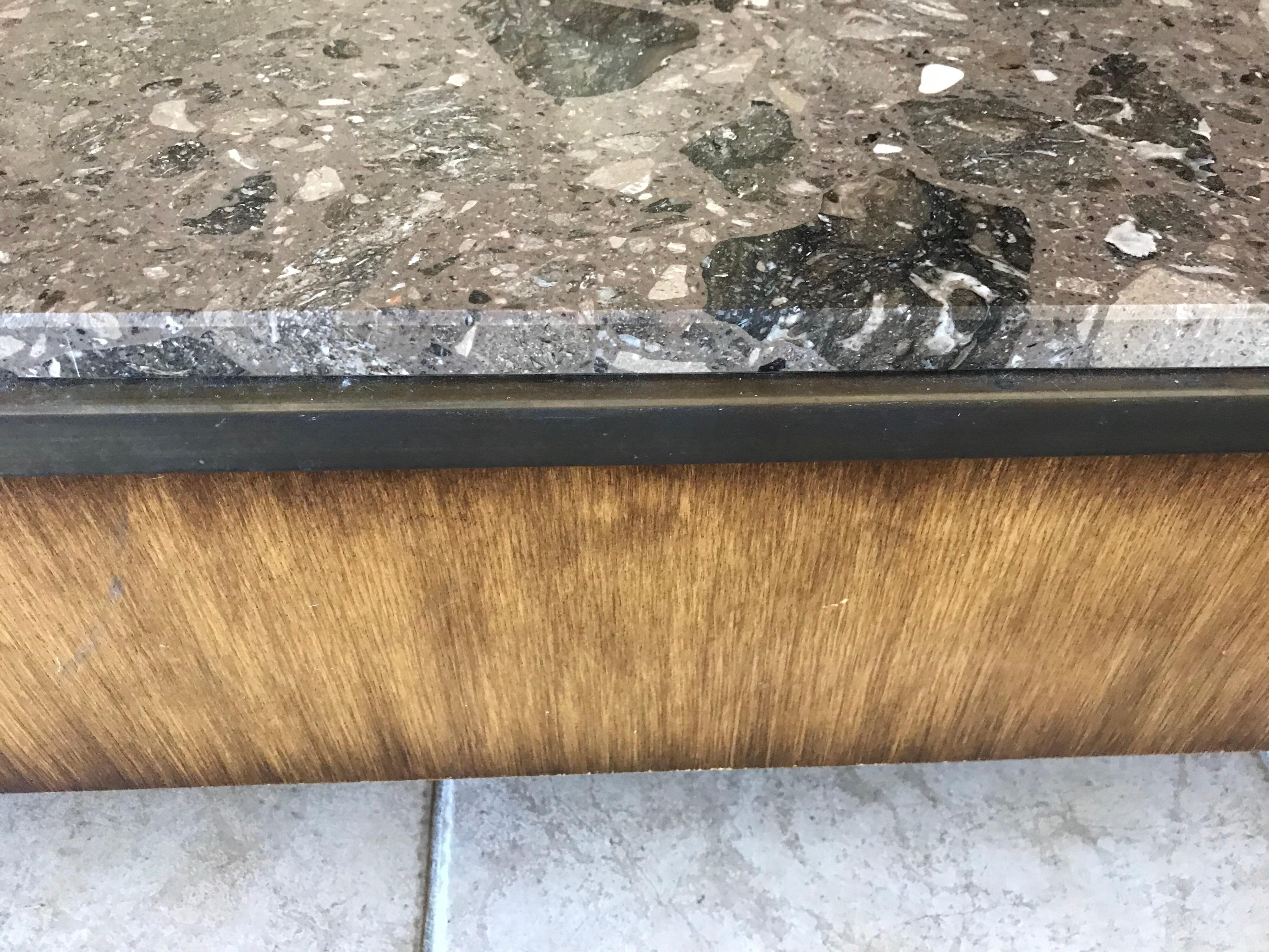 Brown Terrazzo Marble, Bronze and Wood Modern Square Coffee Table In Good Condition In Palm Springs, CA