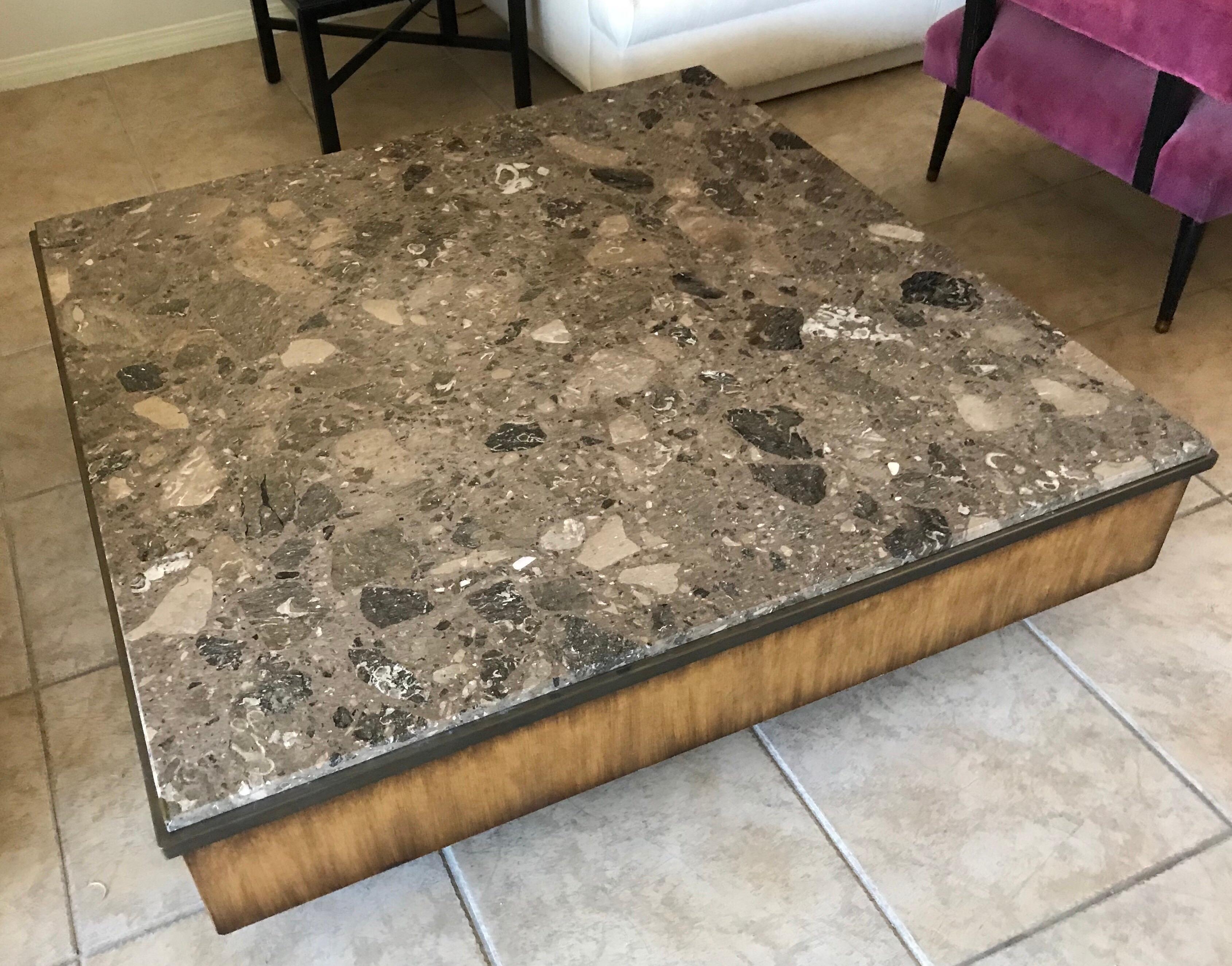 Mid-20th Century Brown Terrazzo Marble, Bronze and Wood Modern Square Coffee Table