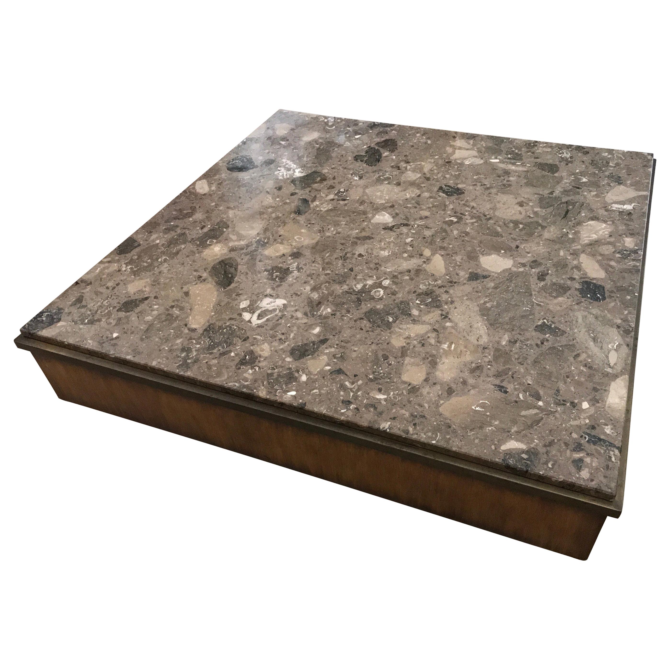 Brown Terrazzo Marble, Bronze and Wood Modern Square Coffee Table