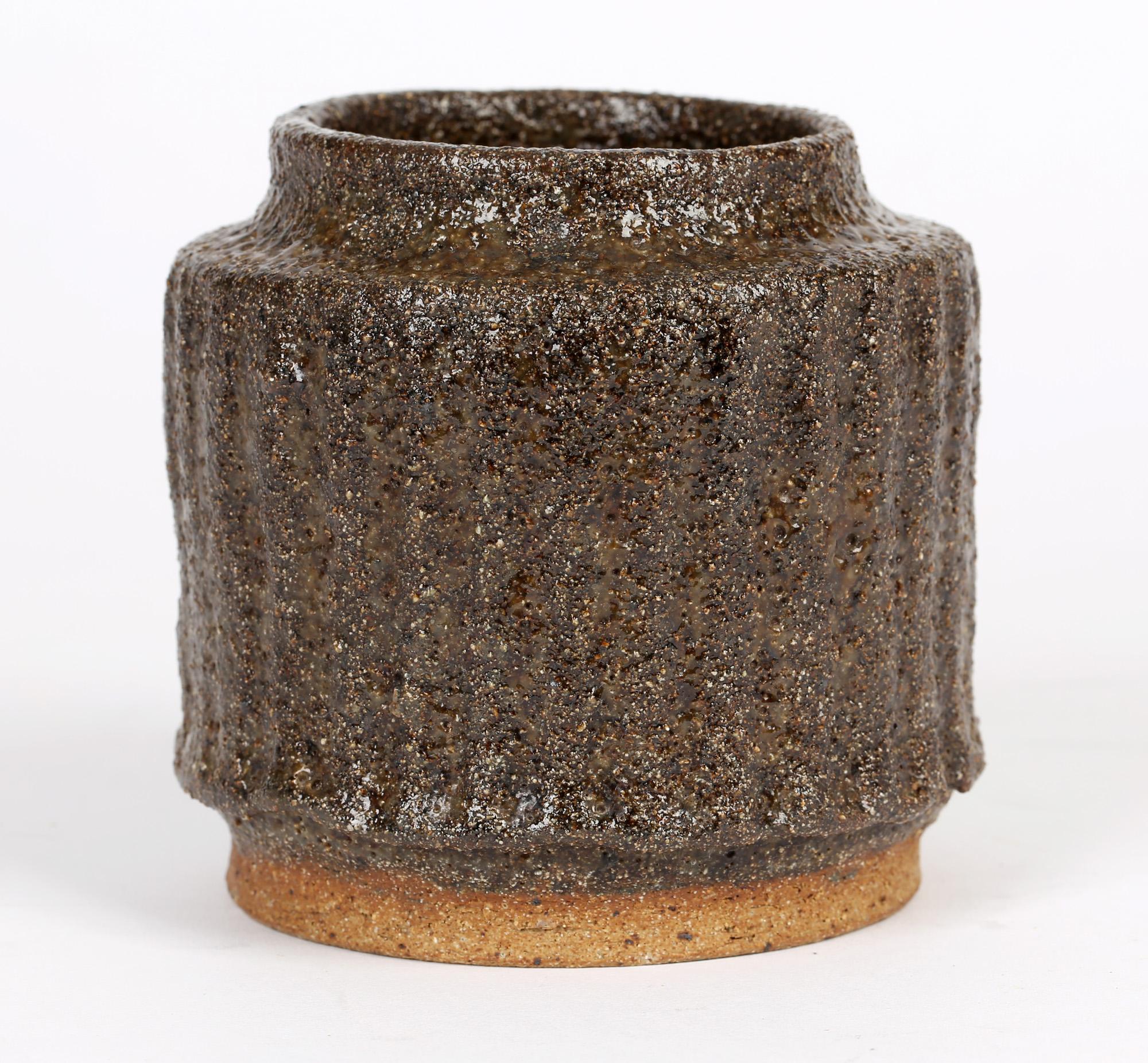Brown Texture Glazed Studio Pottery Stoneware Signed Vase 3