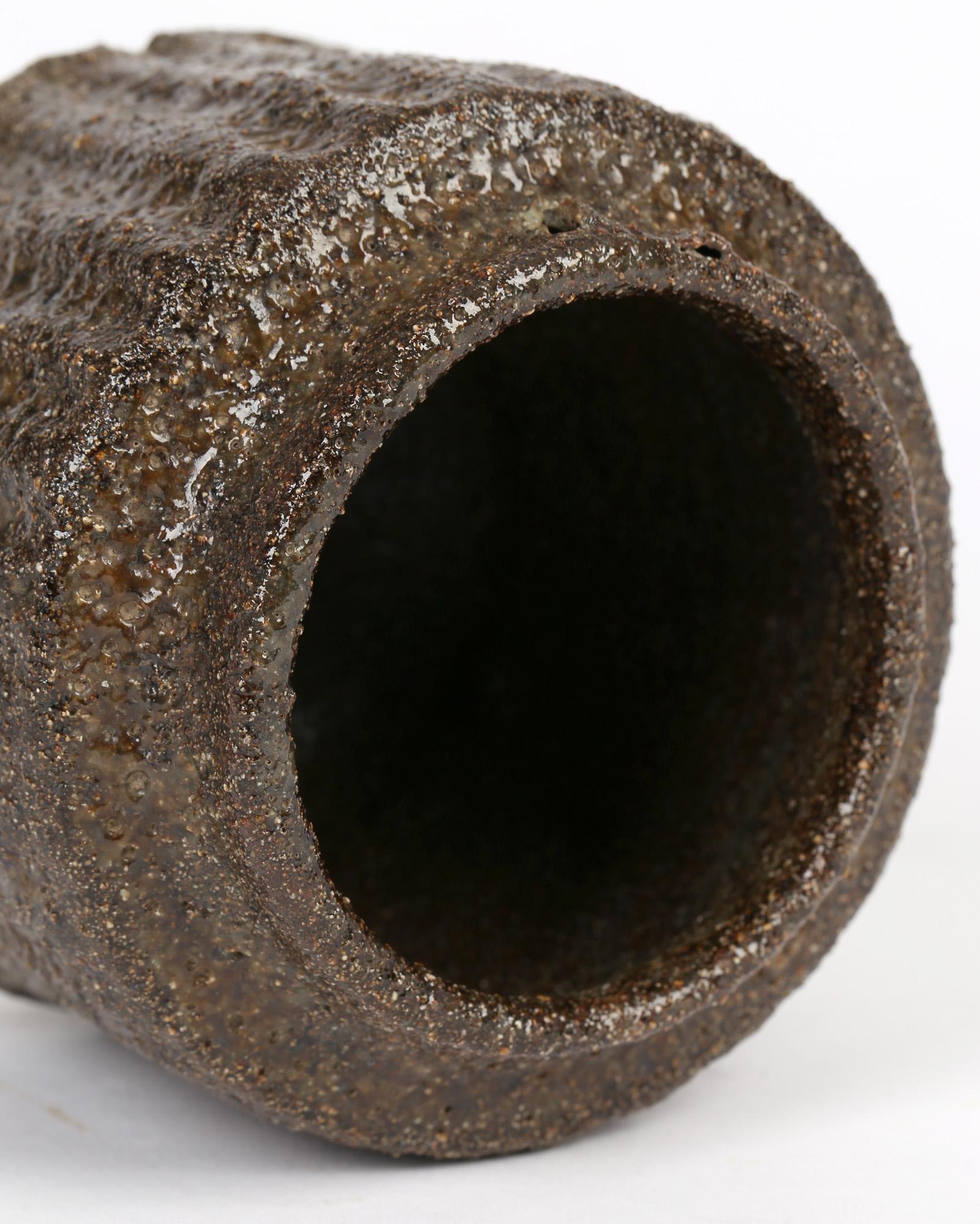 British Brown Texture Glazed Studio Pottery Stoneware Signed Vase