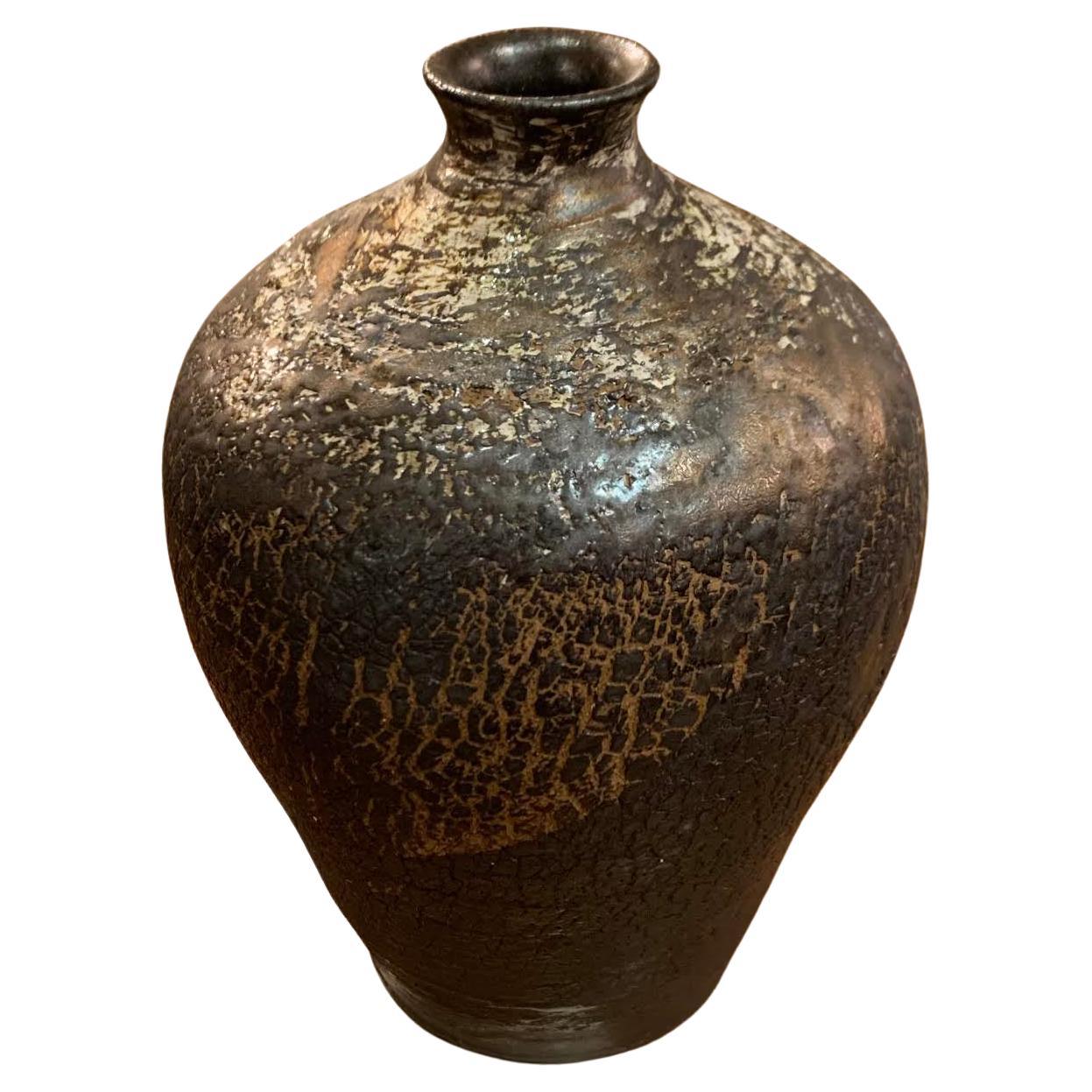 Brown Textured Stoneware Vase by Ceramicist Peter Speliopoulos, USA