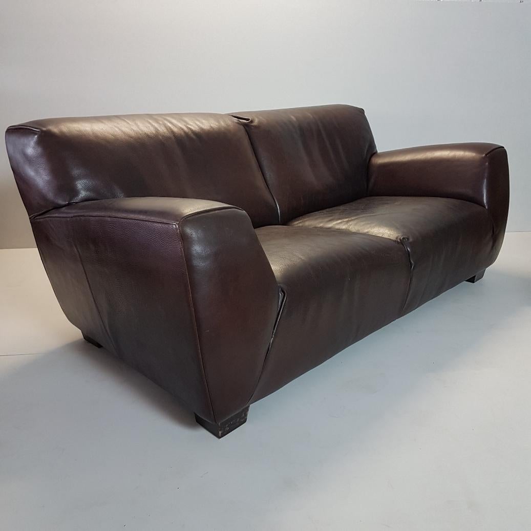Brown thick high quality leather two-seat sofa by Molinari (marked).
Model Fat Boy.
With a beautiful patina.
  
