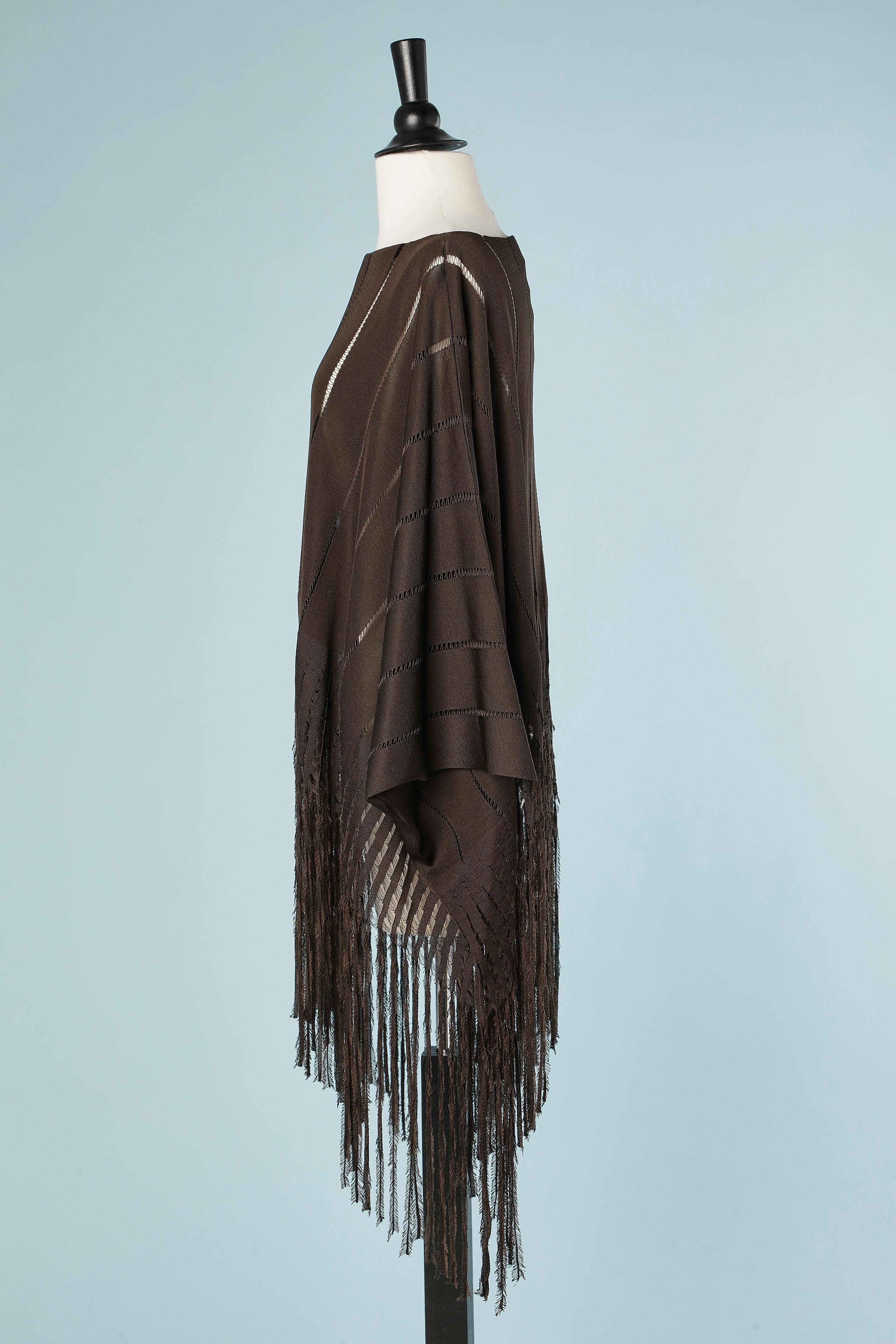 Brown thin knit poncho ended with fringes Yves Saint Laurent Rive gauche  For Sale 1