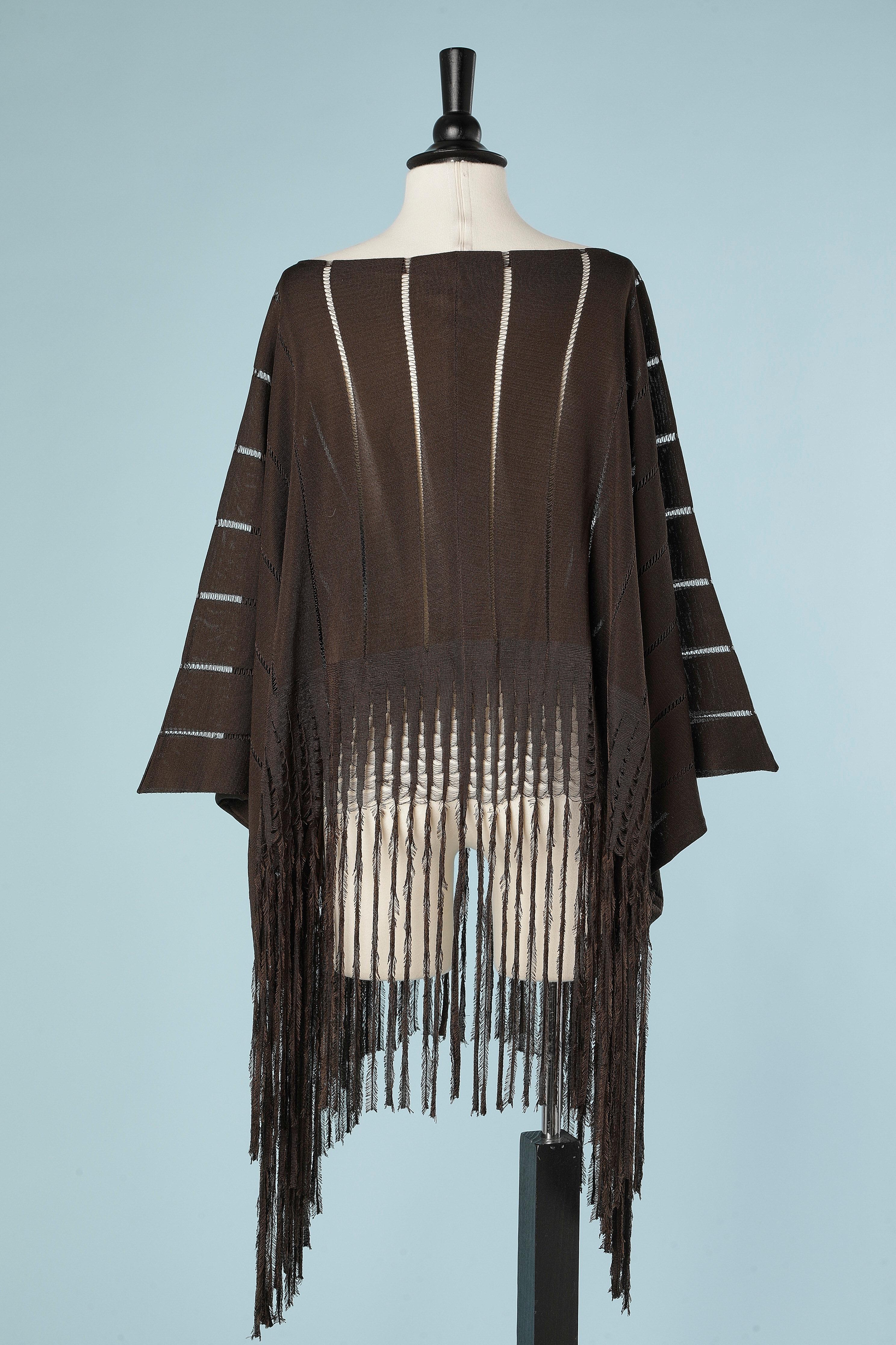 Brown thin knit poncho ended with fringes Yves Saint Laurent Rive gauche  For Sale 2