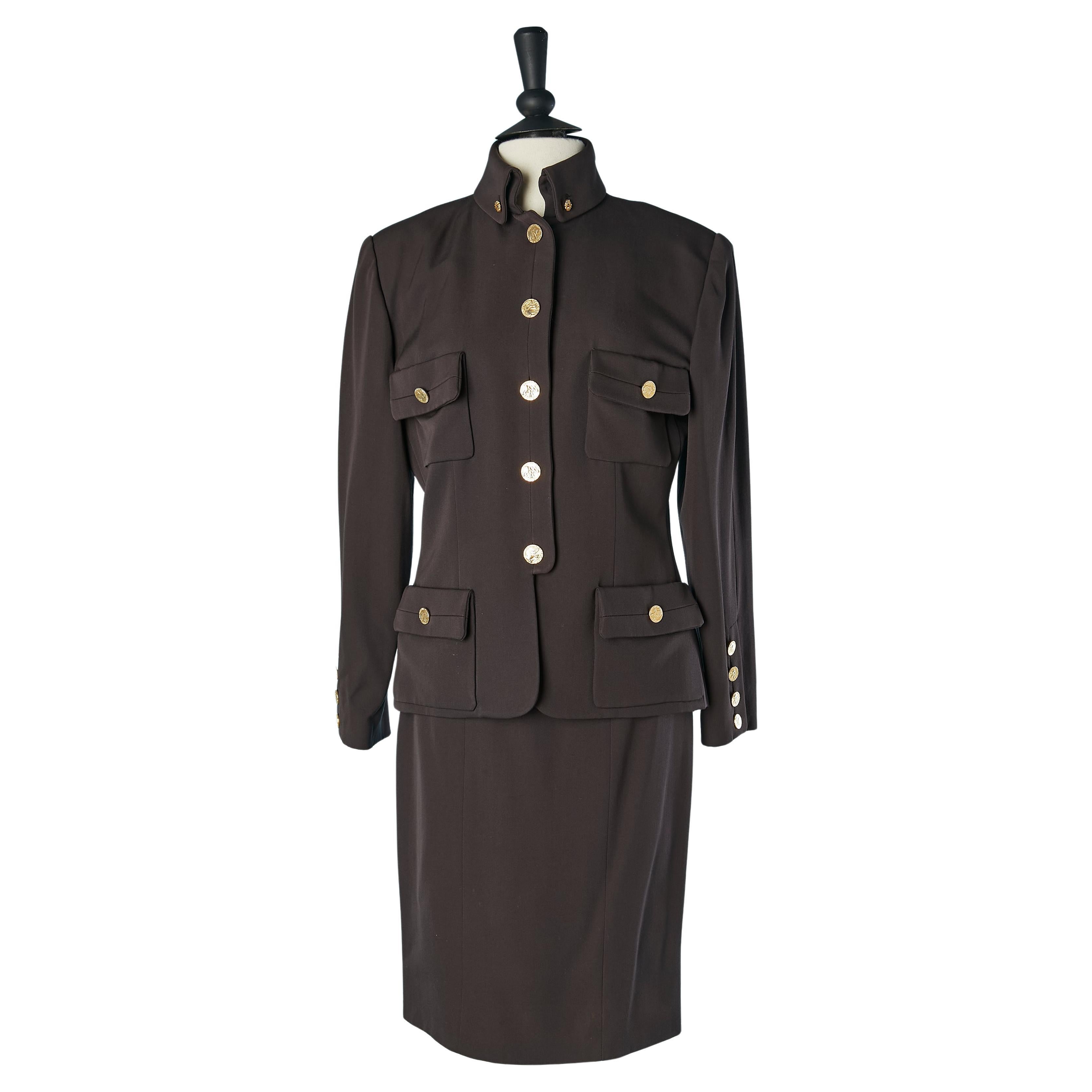 Brown thin wool skirt suit with " elephant" button CHANEL Boutique For Sale