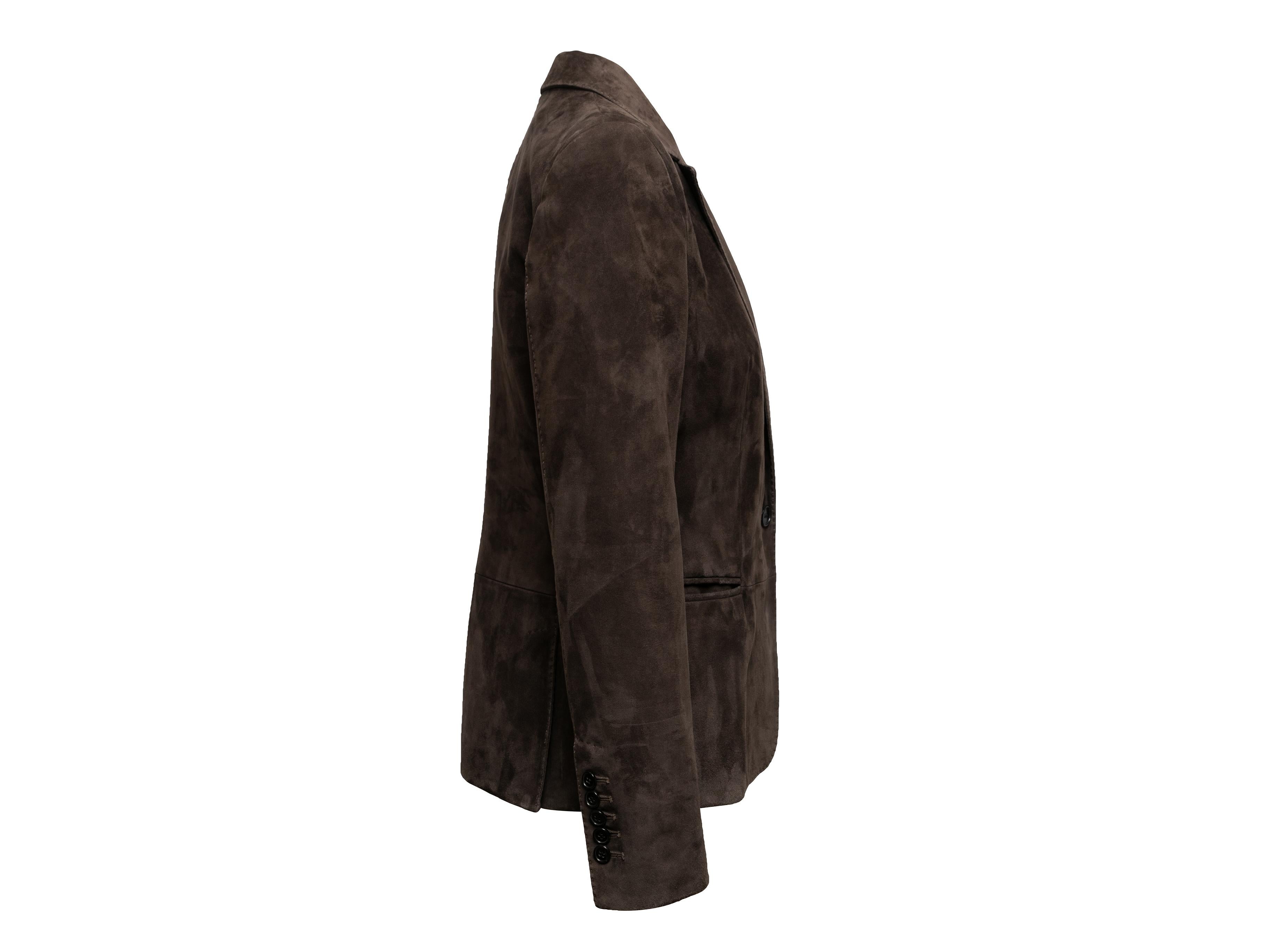 Product Details: Brown suede blazer by Tom Ford. Notched lapel. Three welt pockets. Single front button closure. 30