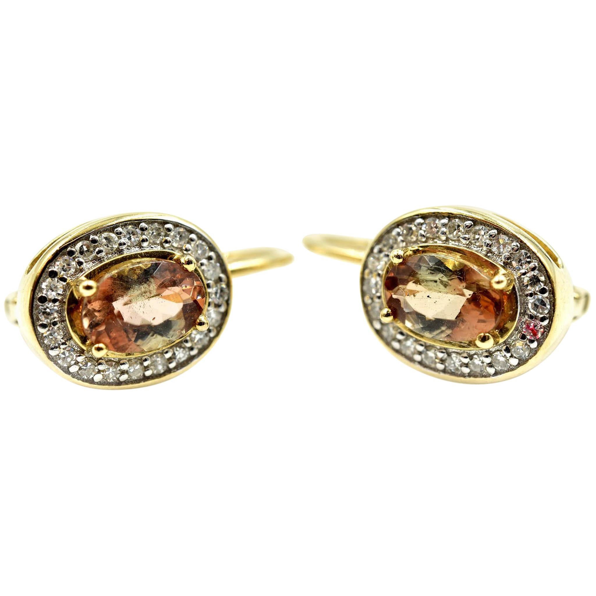 Brown Topaz and Diamond Earrings 14 Karat Yellow Gold For Sale