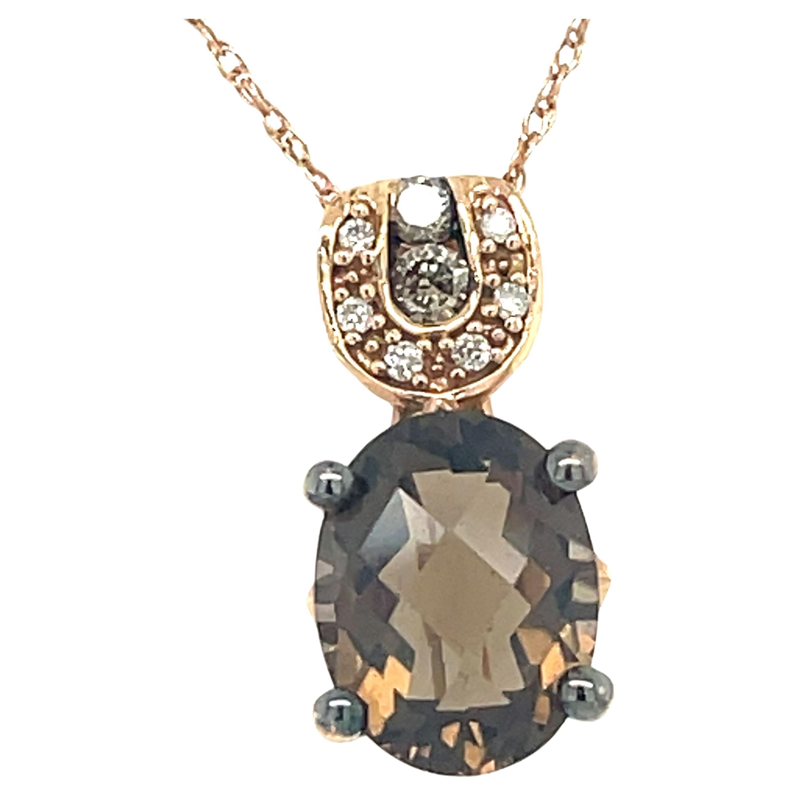Brown Topaz Necklace, 2CT Oval Smoky Topaz, 14k Rose Gold, Champaign Diamonds For Sale