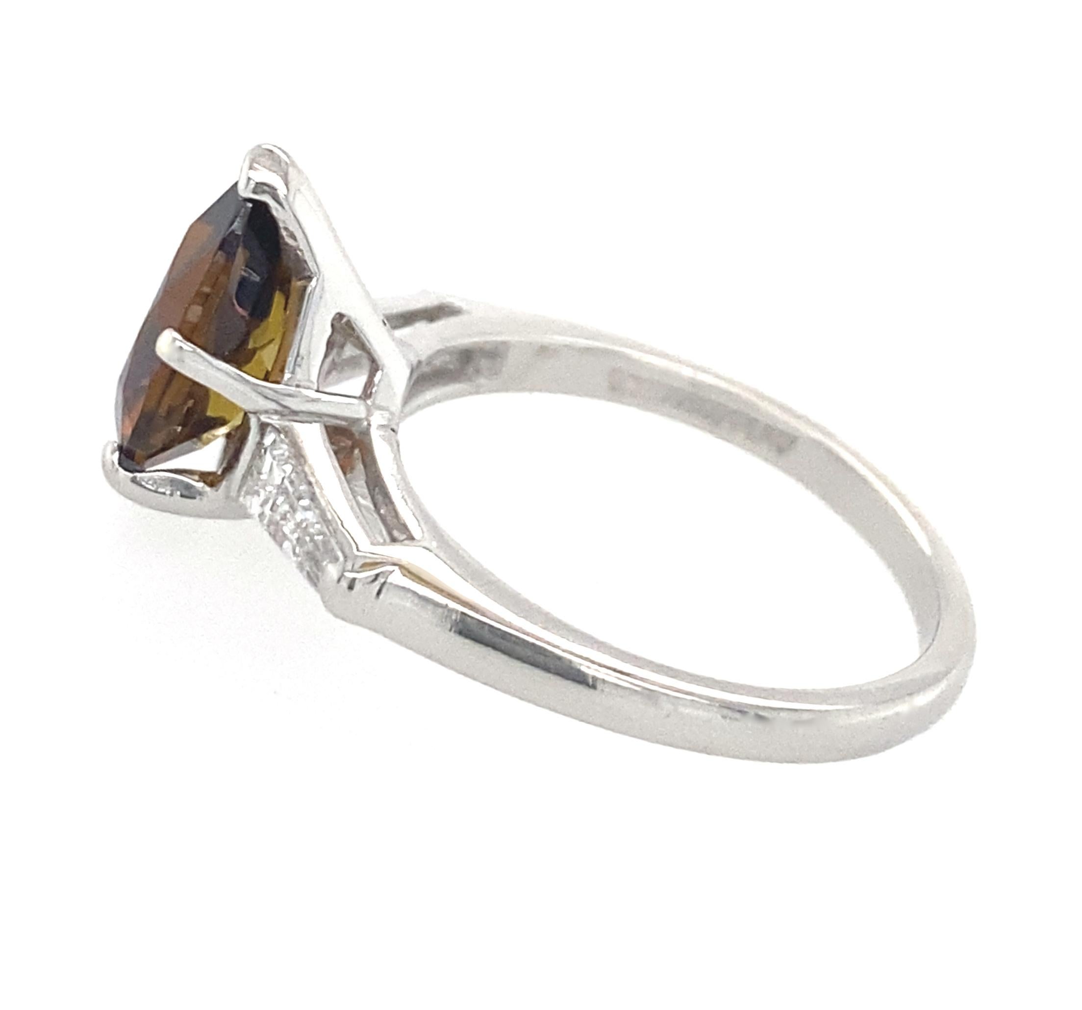 Platinum 3-Stone Ring with Long Diamond Baguettes & Brown Tourmaline Pear In Good Condition In Sherman Oaks, CA